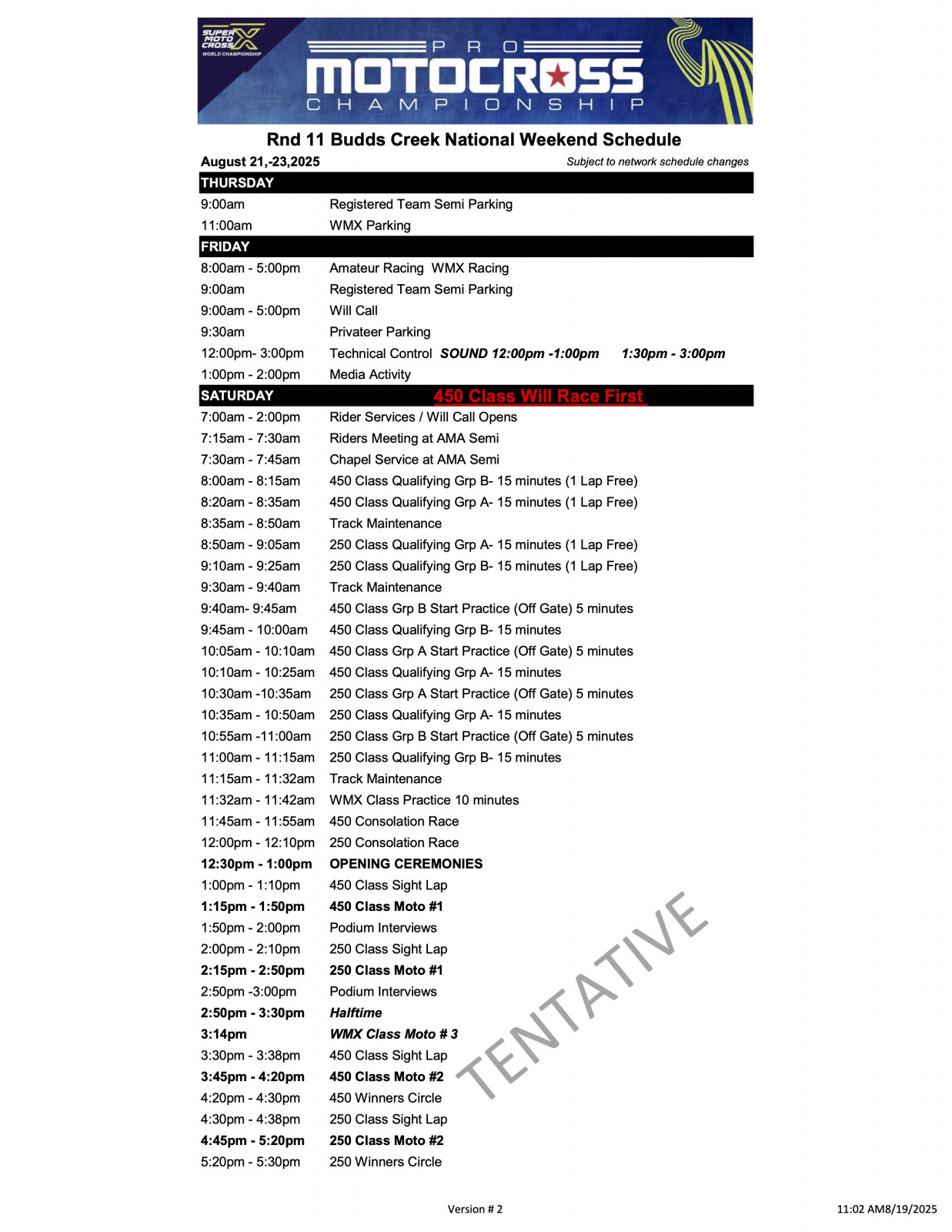 2025 Budds Creek National Weekend Schedule