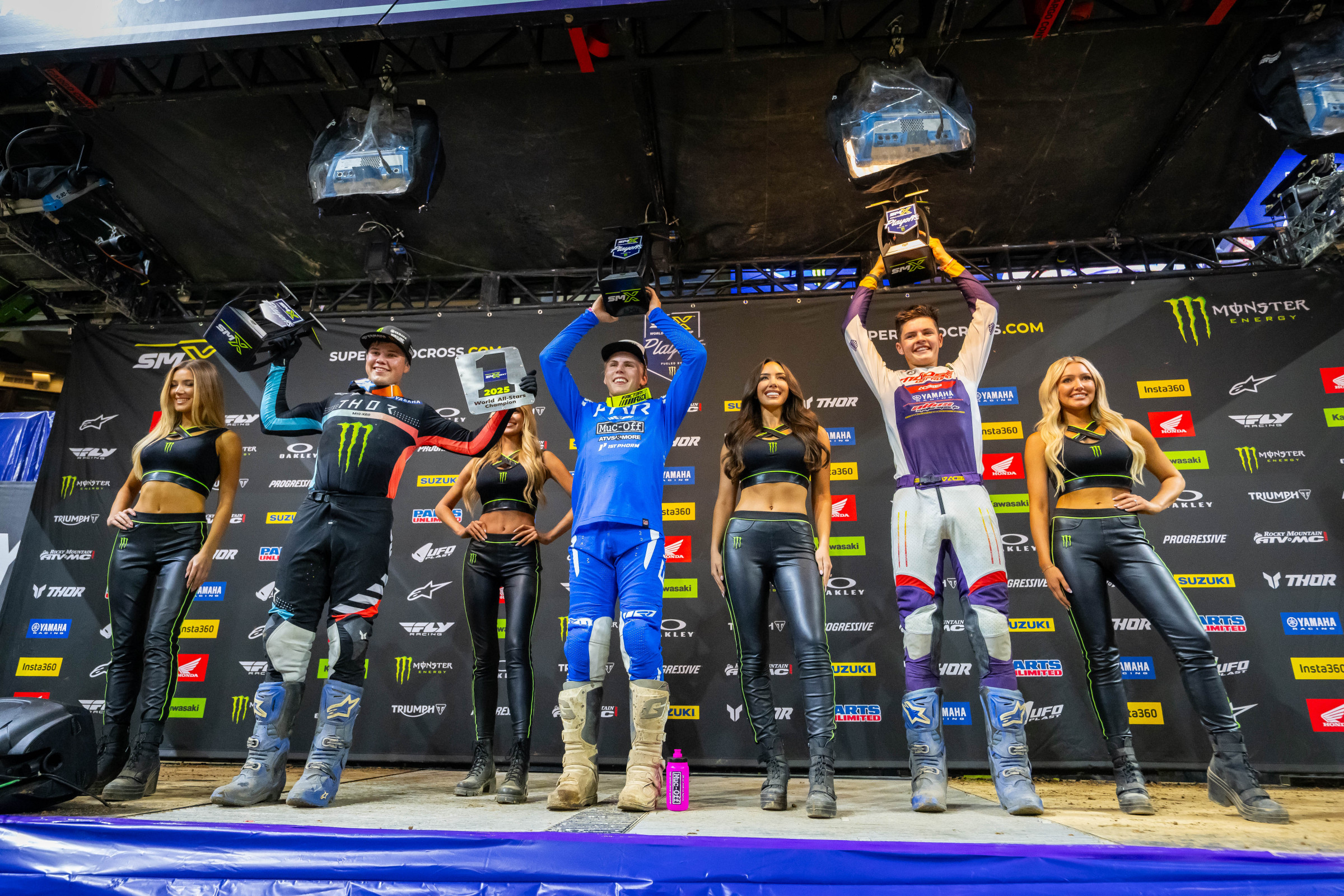 The SMX Next World All-Stars podium from Saturday: Ryder Malinoski (center), Kayden Minear (left), and Kade Johnson (right).
