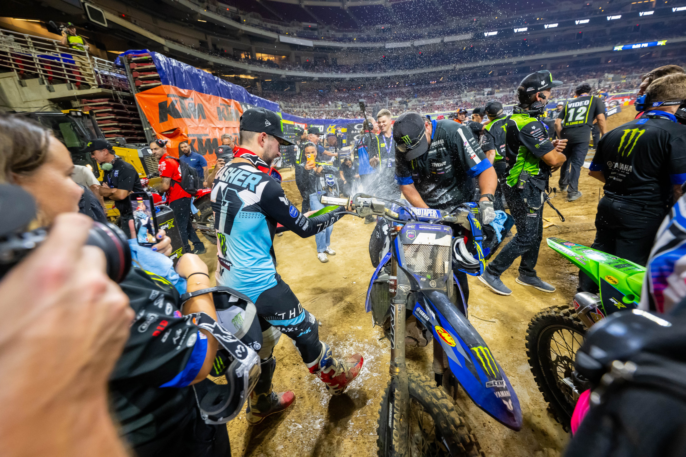 Nate Thrasher celebrates his first podium in the SMX Playoffs.