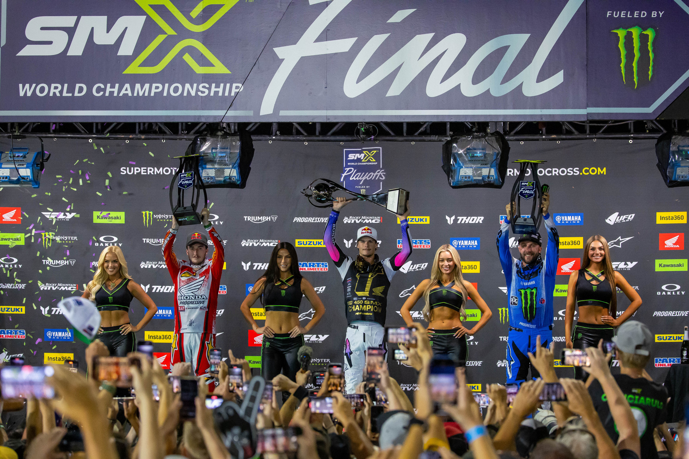 450SMX Class podium (riders left to right) Hunter Lawrence, Jett Lawrence, and Eli Tomac.