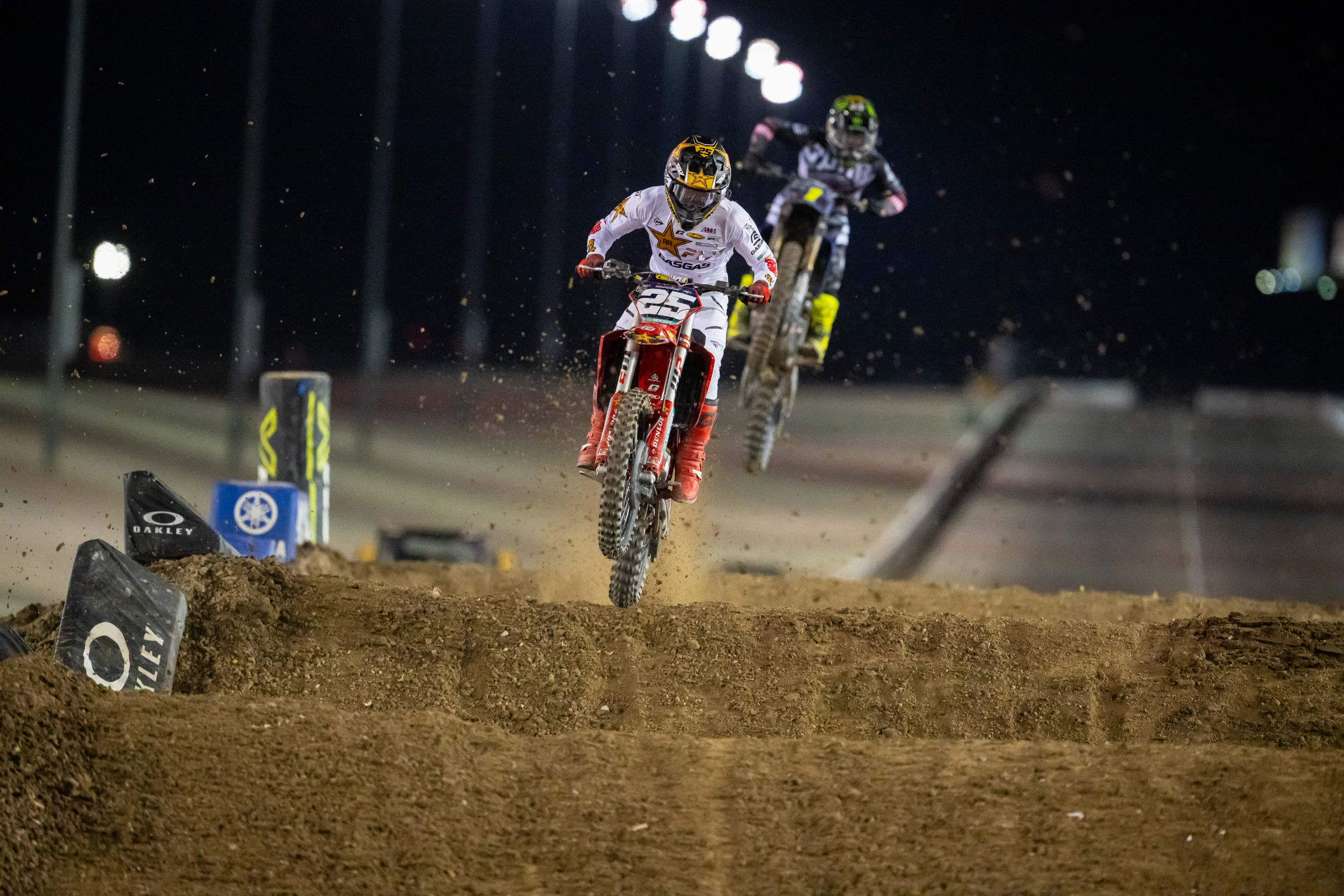 DiFrancesco was riding great in the first moto until a mistake resulted in a collision with Deegan, and a ride on the Alpinestars Medical Mule.