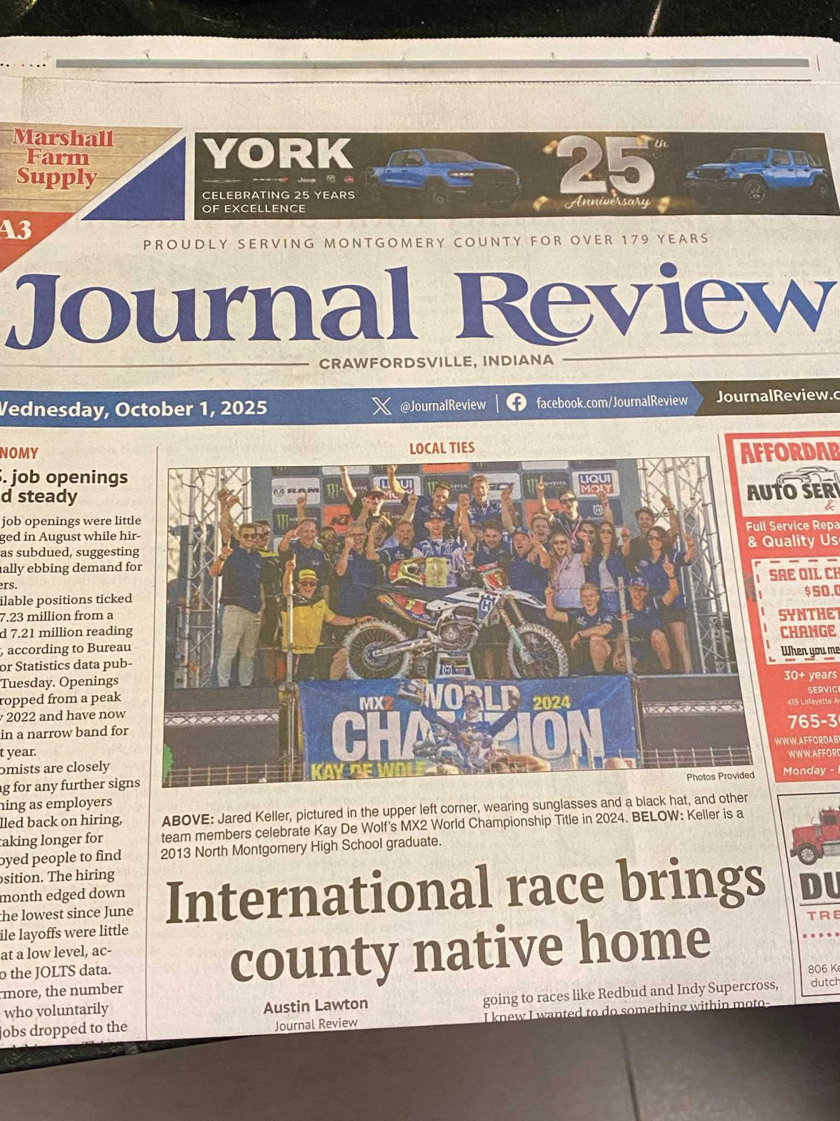Crawfordsville local Jared Keller and team featured in the local newspaper ahead of the MXoN. 