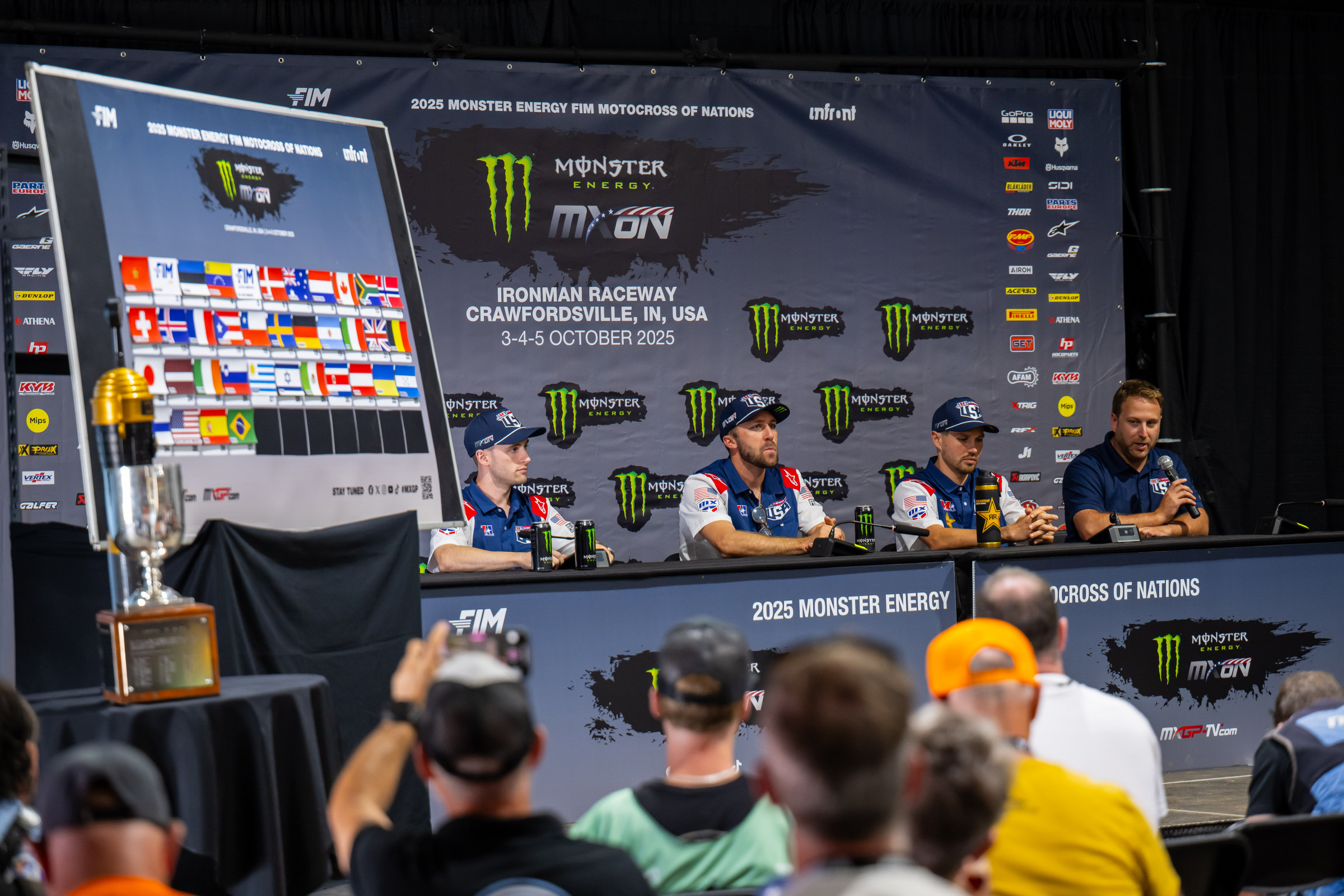 Justin Cooper, Eli Tomac, and RJ Hampshire alongside Mike Pelleiter at the opening press conference. 