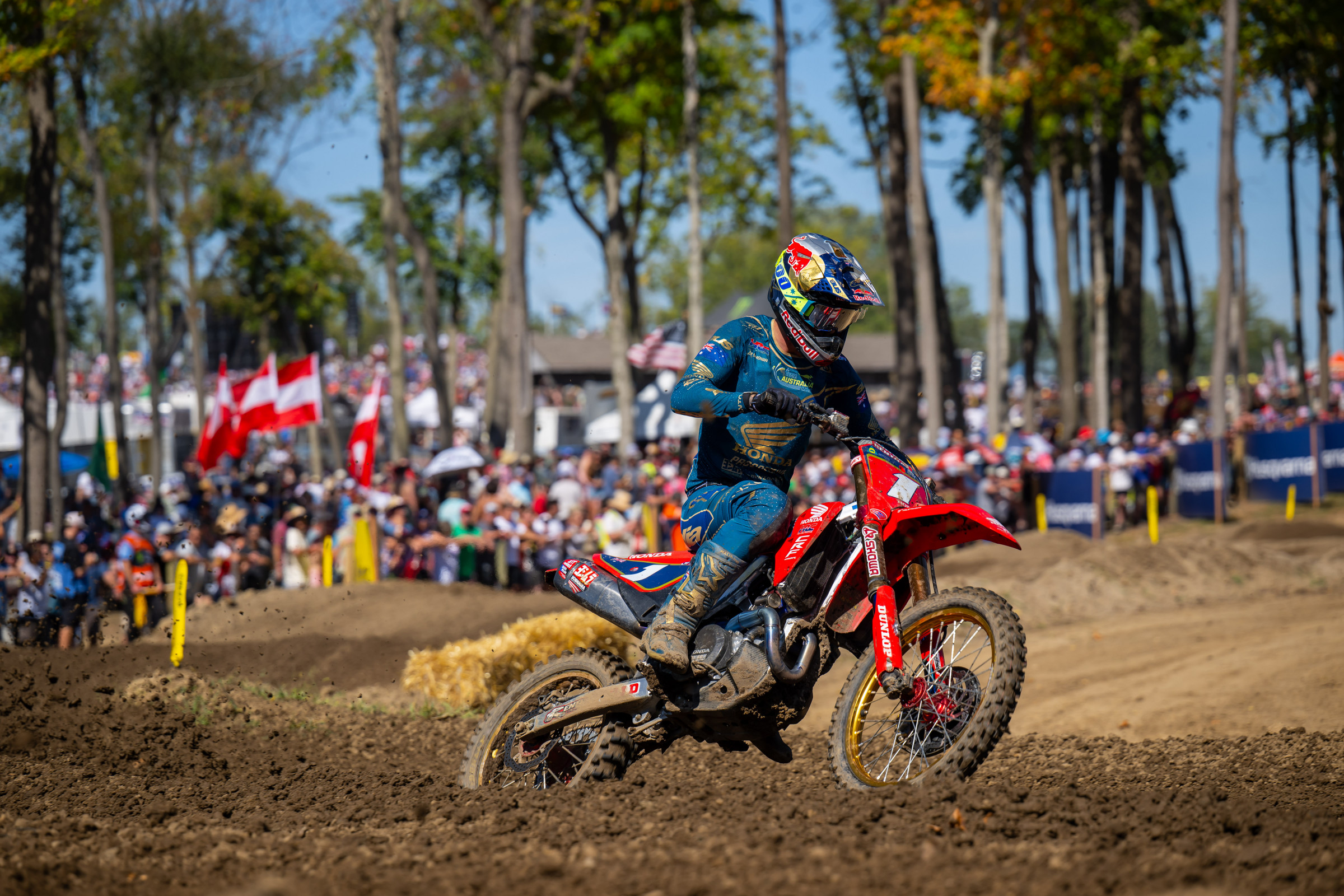 Jett Lawrence quickly passed Lucas Coenen for the lead in the first moto, and Ken Roczen crashed from third in the second turn. Jett knew what to do from there.