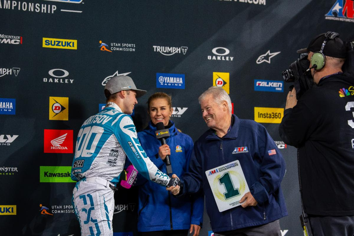 Muc-Off FXR ClubMX Yamaha's Alexander Fedortsov accepting his well-earned number 1 plaque after winning the SMX Next AMA National Championship in Pittsburgh, Pennsylvania.