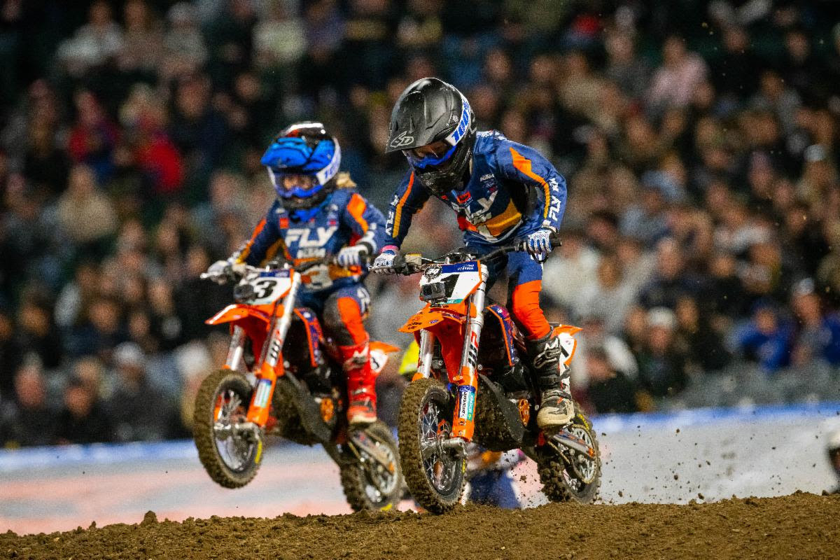 7–8-year-old KTM Junior athletes racing in front of a sold-out crowd at last year’s Anaheim Opener at Angel Stadium in Anaheim, California.