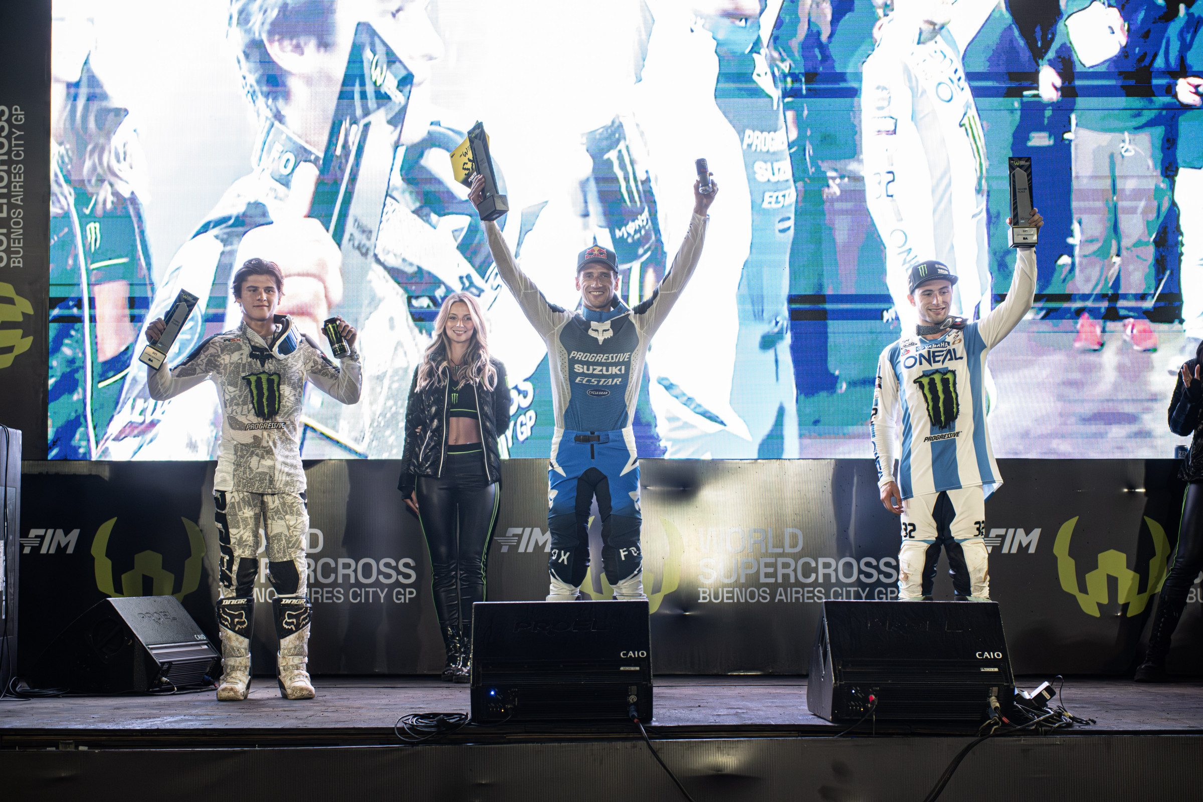 SX1 podium: Ken Roczen, Justin Cooper, and Haiden Deegan