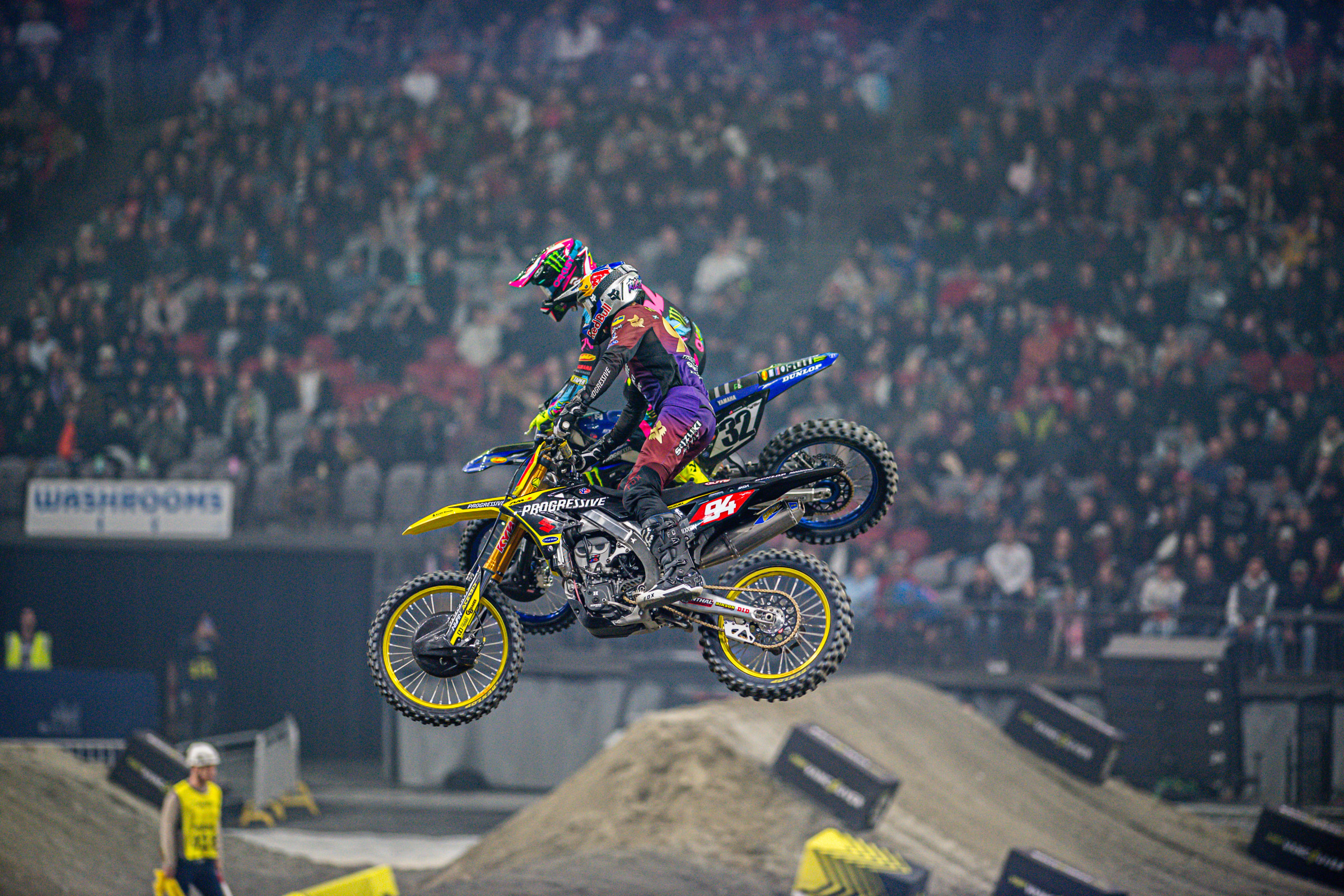 Roczen got two bad starts in three races but his incredible early-race speed got him to the front anyway. The one time he did start ahead, in the second race, he held off Tomac in a great duel.