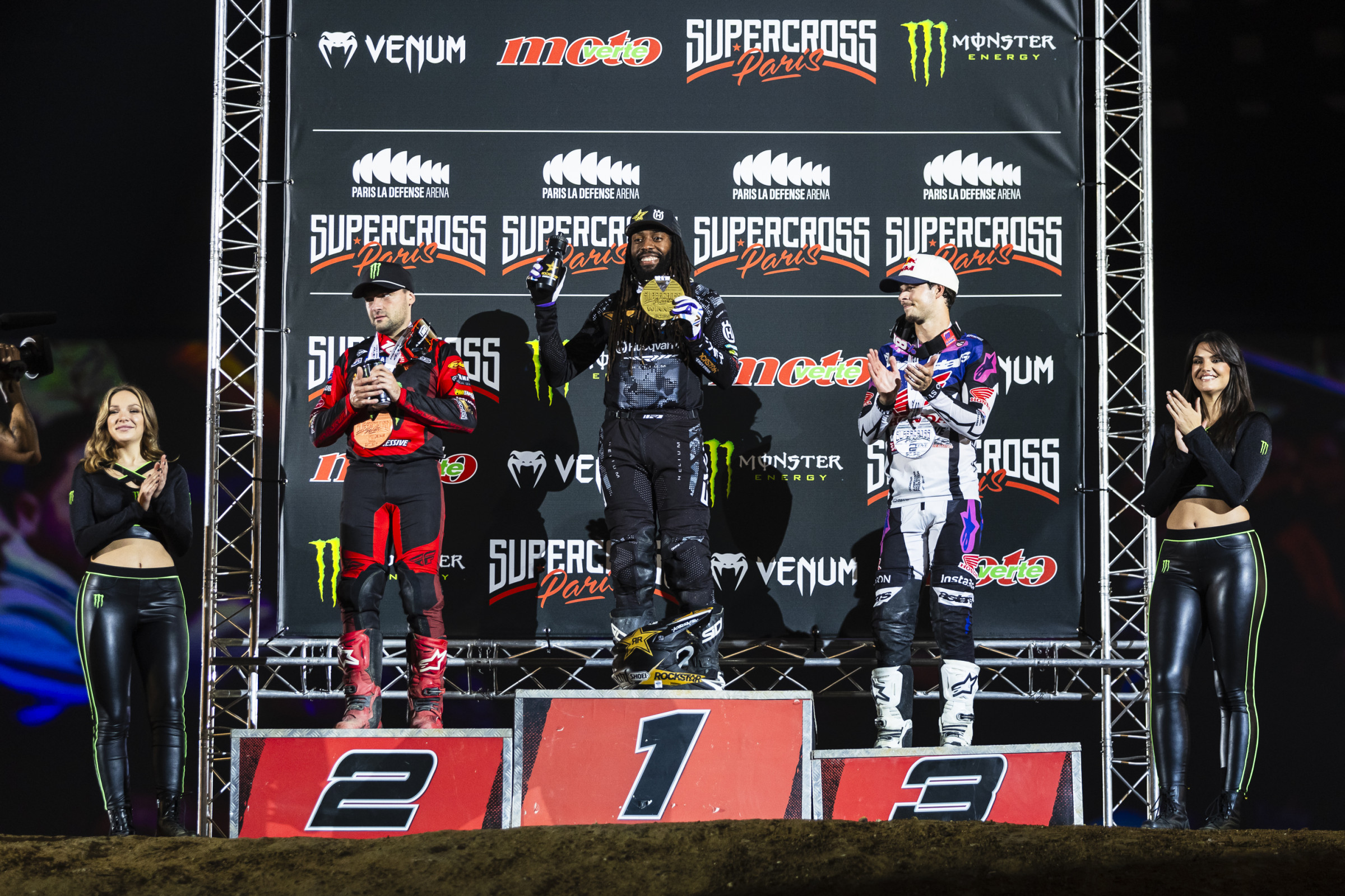 King of Paris overall podium: Malcolm Stewart, Cooper Webb, and Jett Lawrence