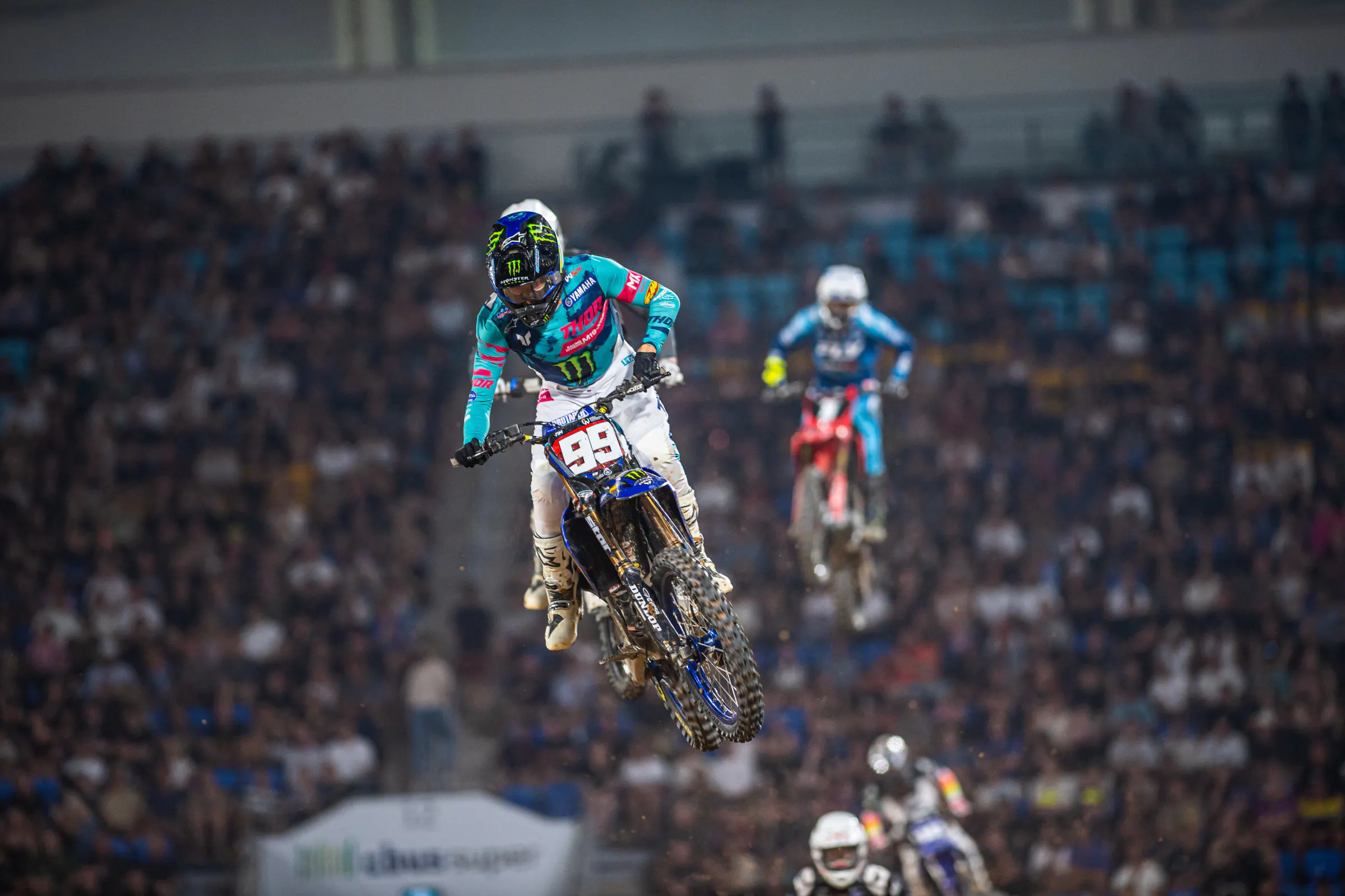 Anstie battled past McElrath (1) in one race and held off Lopes in another. He's on it in SX2.