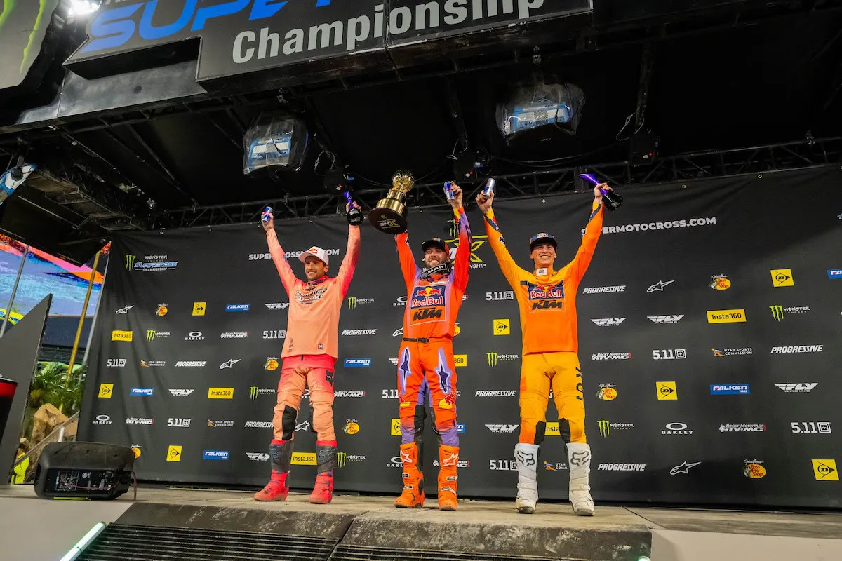 450SMX Class Podium (left to right) Ken Roczen, Eli Tomac, and Jorge Prado.