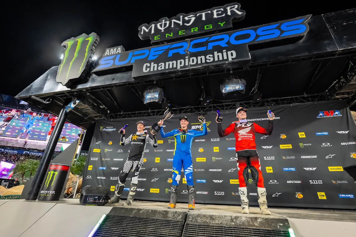 Western Divisional 250SMX Class Podium (left to right), Ryder DiFrancesco, Max Anstie, and Chance Hymas