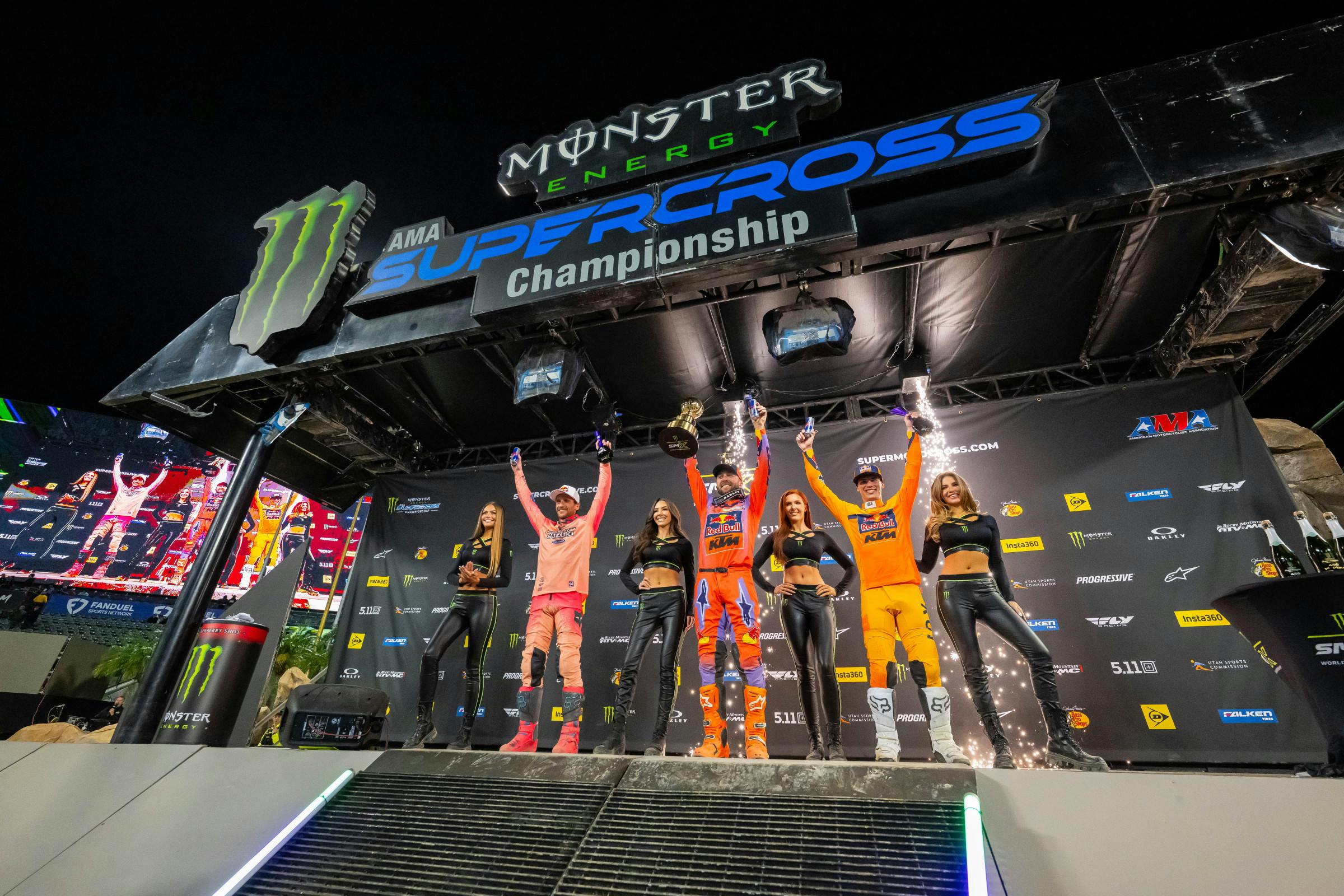 450SX podium: first, Tomac (center); second, Roczen (left), third, Prado (right).