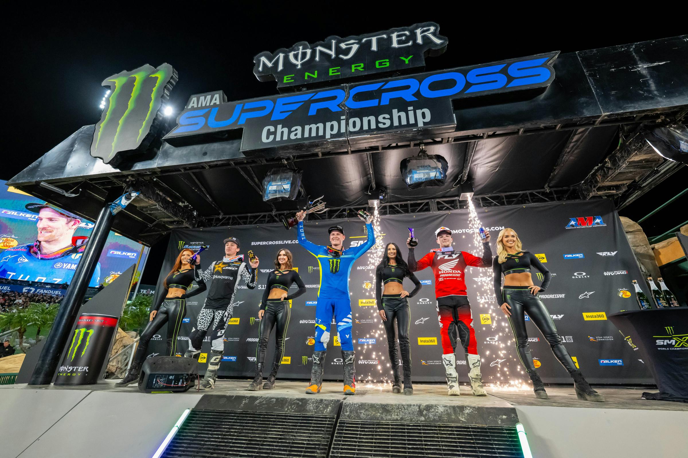 250SX podium: first, Anstie (center); second, Hymas (right), third, DiFrancesco (left).
