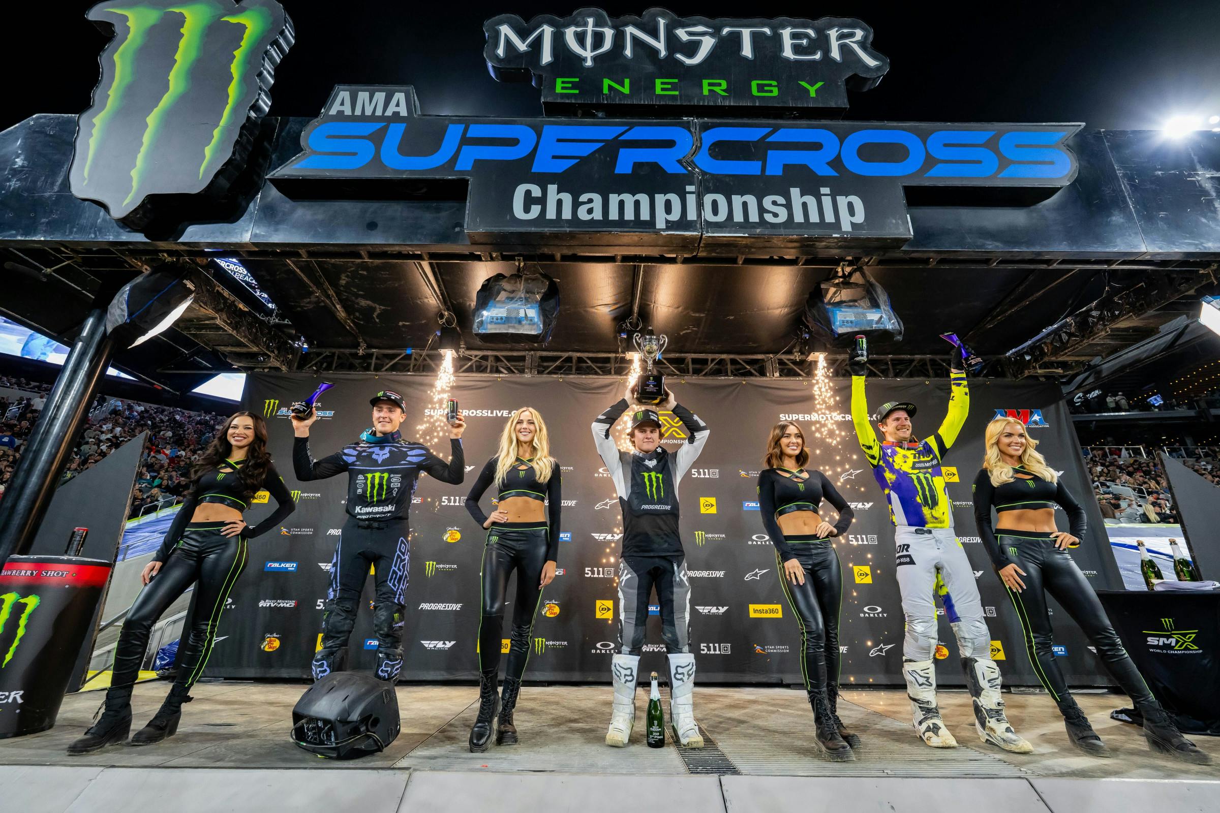 250SX podium: first, Deegan (center); second, McAdoo (left), third, Mosiman (right).