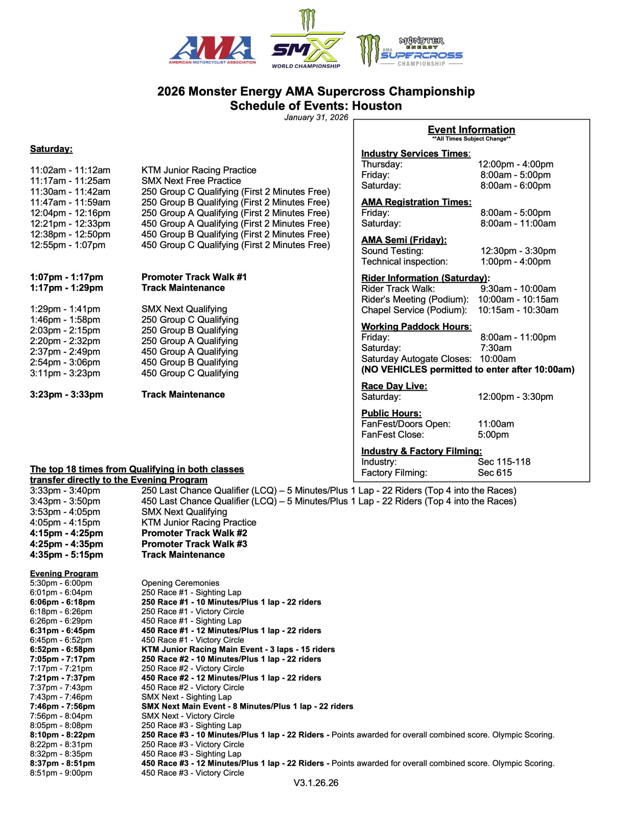 Houston SX schedule