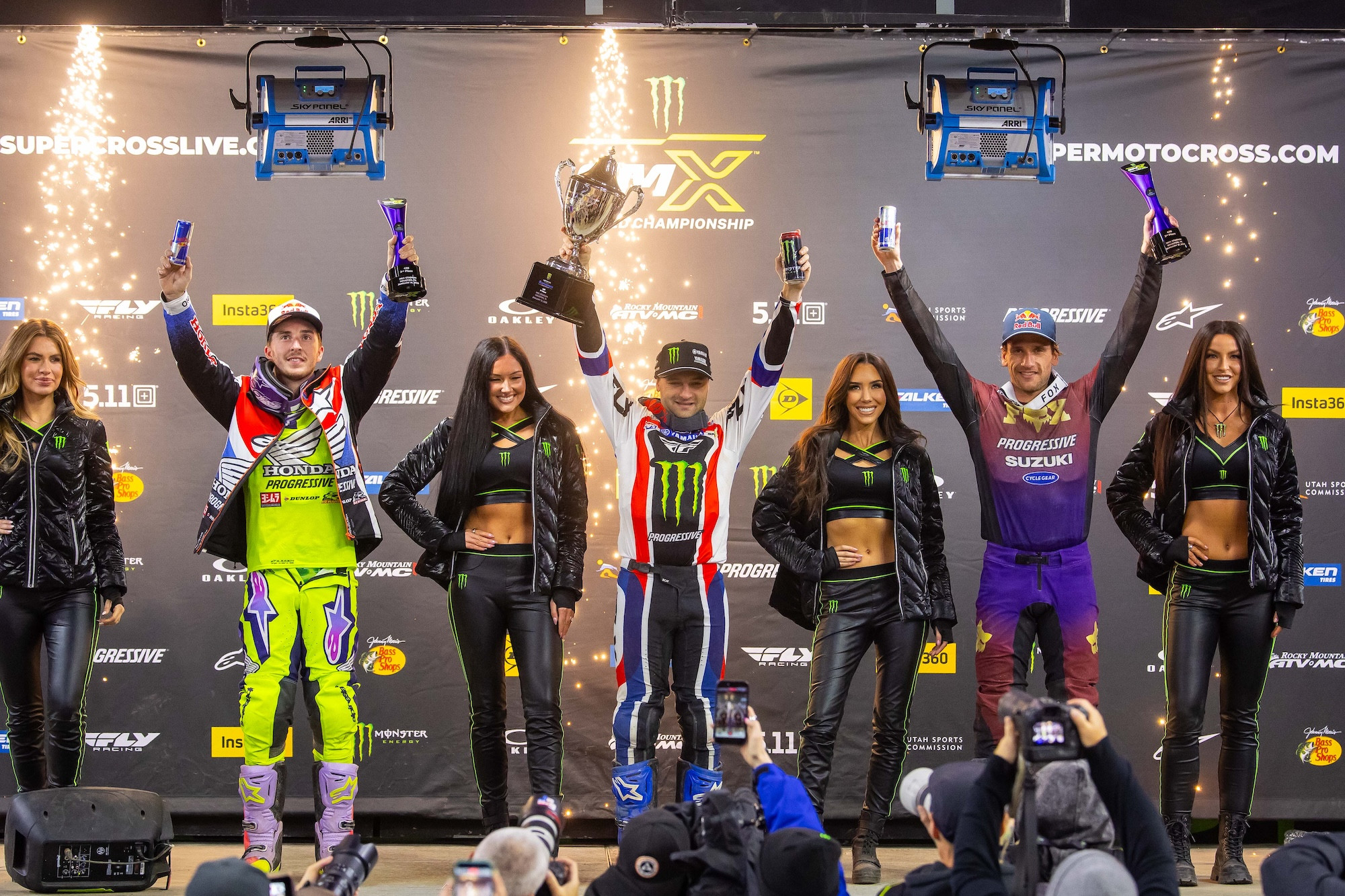 450SX podium: first, Webb (center); second, Hunter Lawrence (left); and third, Roczen (right).