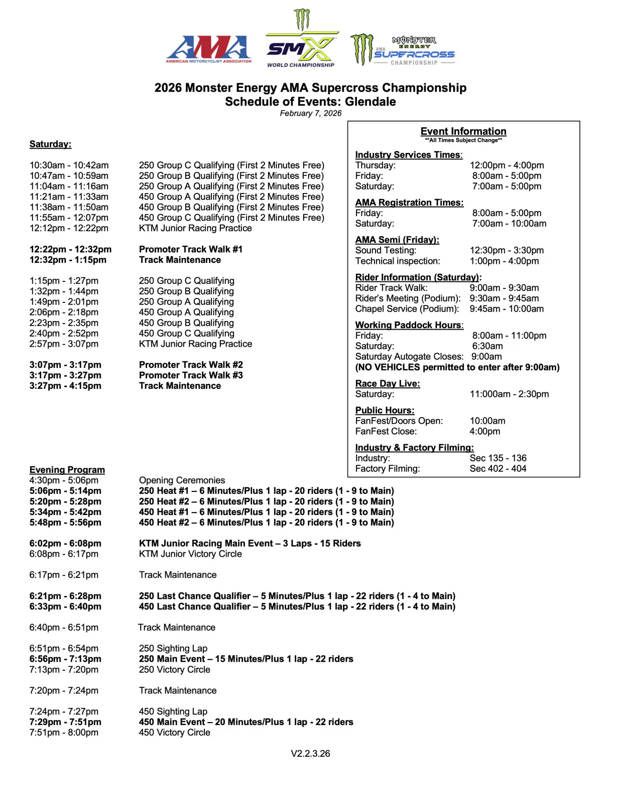 Glendale SX schedule