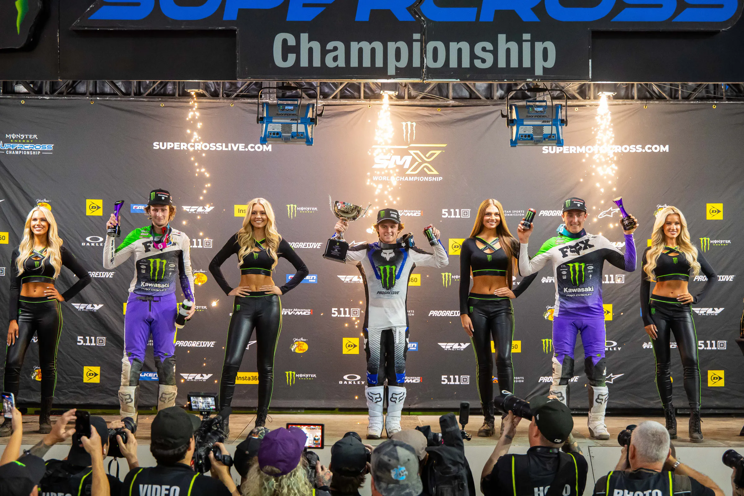 250SX podium: first, Haiden Deegan (center); second, Levi Kitchen (left), third, Cameron McAdoo (right).