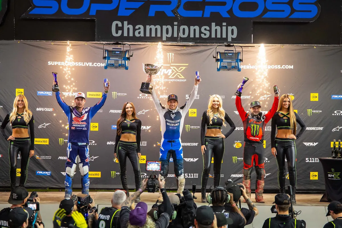 450SMX Class Podium (left to right) Hunter Lawrence, Ken Roczen, and Cooper Webb.