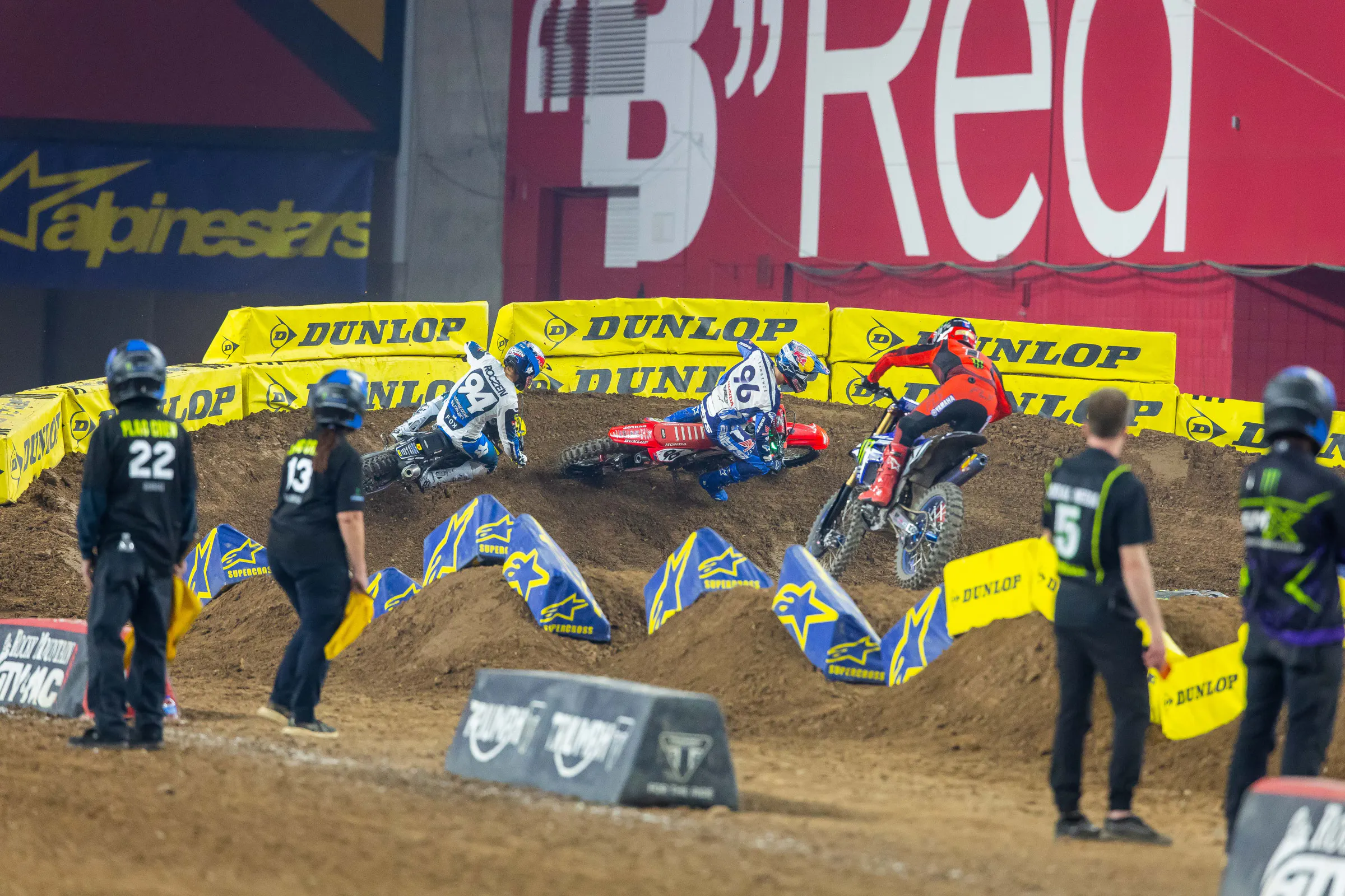 Hunter Lawrence leading Ken Roczen and Cooper Webb at the start of the main event in Glendale.&nbsp;