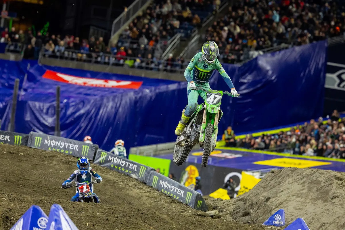 Monster Energy Pro Circuit Kawasaki's Levi Kitchen (47) battled it out with Deegan and finished a close second in from of the hometown crowd.