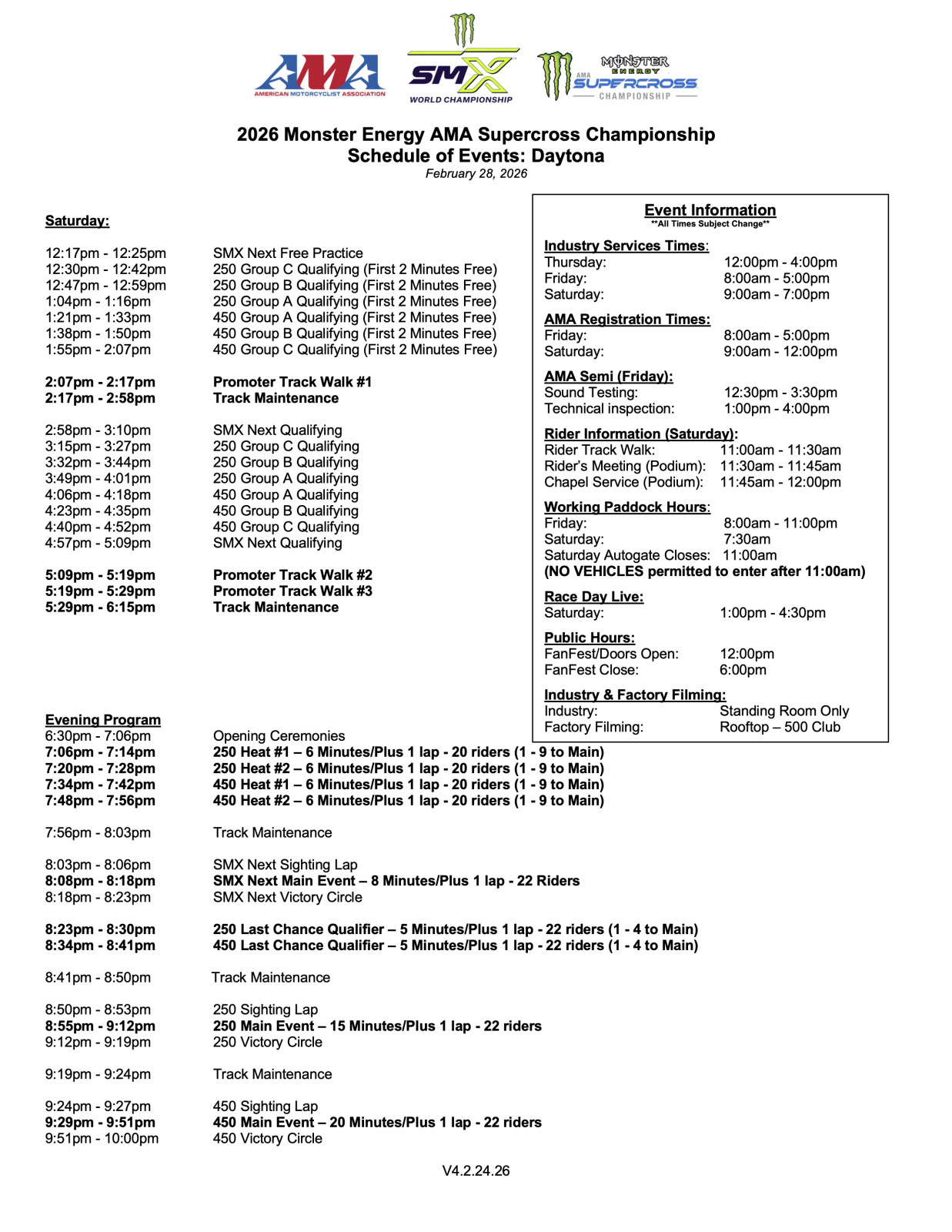 2026 Daytona Supercross race day schedule.