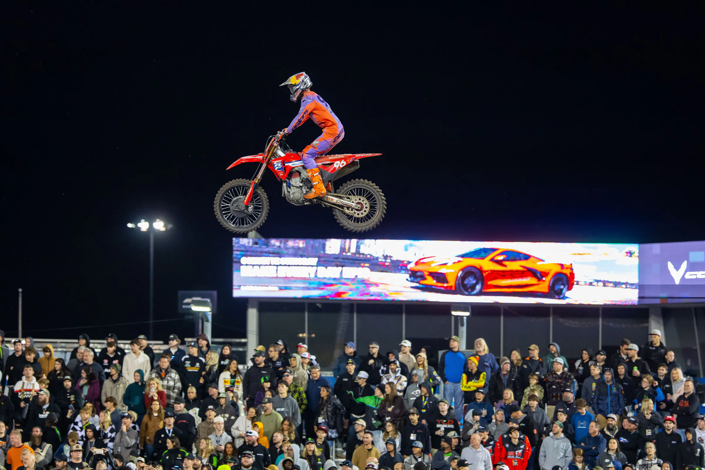 Hunter Lawrence challenged Roczen for the lead early but Tomac closed the gap to them and used an outside-to-inside line in two 180s to get next to Lawrence and make a block pass. From there Tomac took off, but Lawrence found his groove late to keep the pressure on to the end.