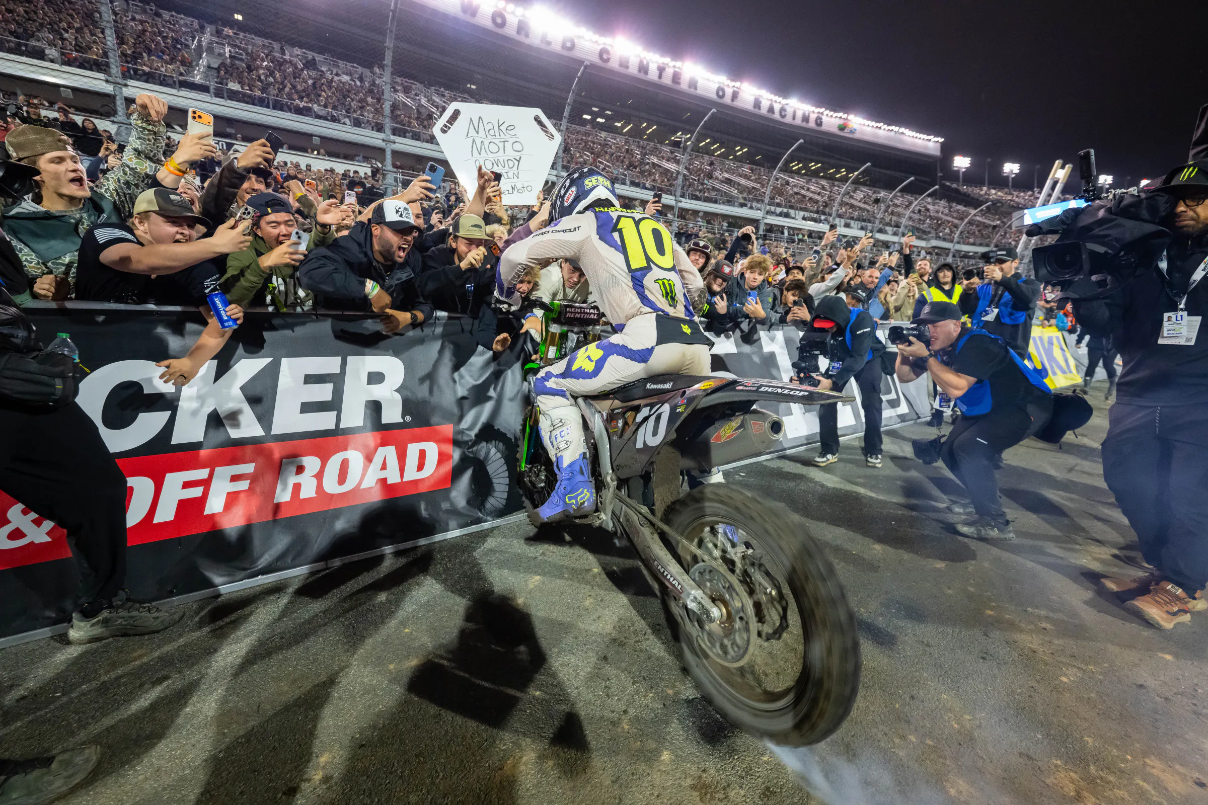 You gotta do the Daytona burnout! Hammaker said on the PulpMX Show that he was a little nervous doing the burnout, because he's not the tallest rider and didn't want to lose his balance.&nbsp;