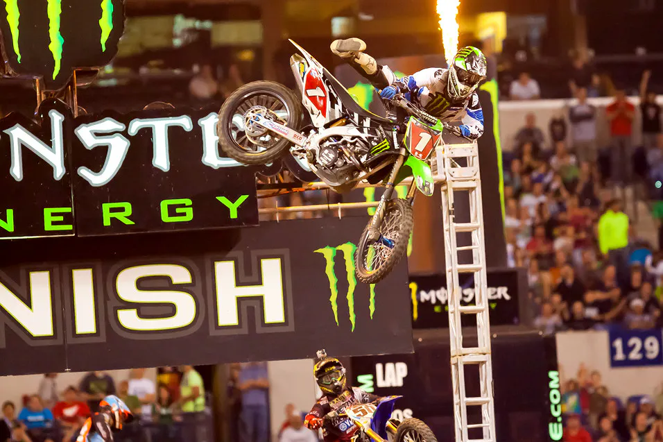 Villopoto taking the 2012 Indy Supercross on his Monster Energy Kawasaki.