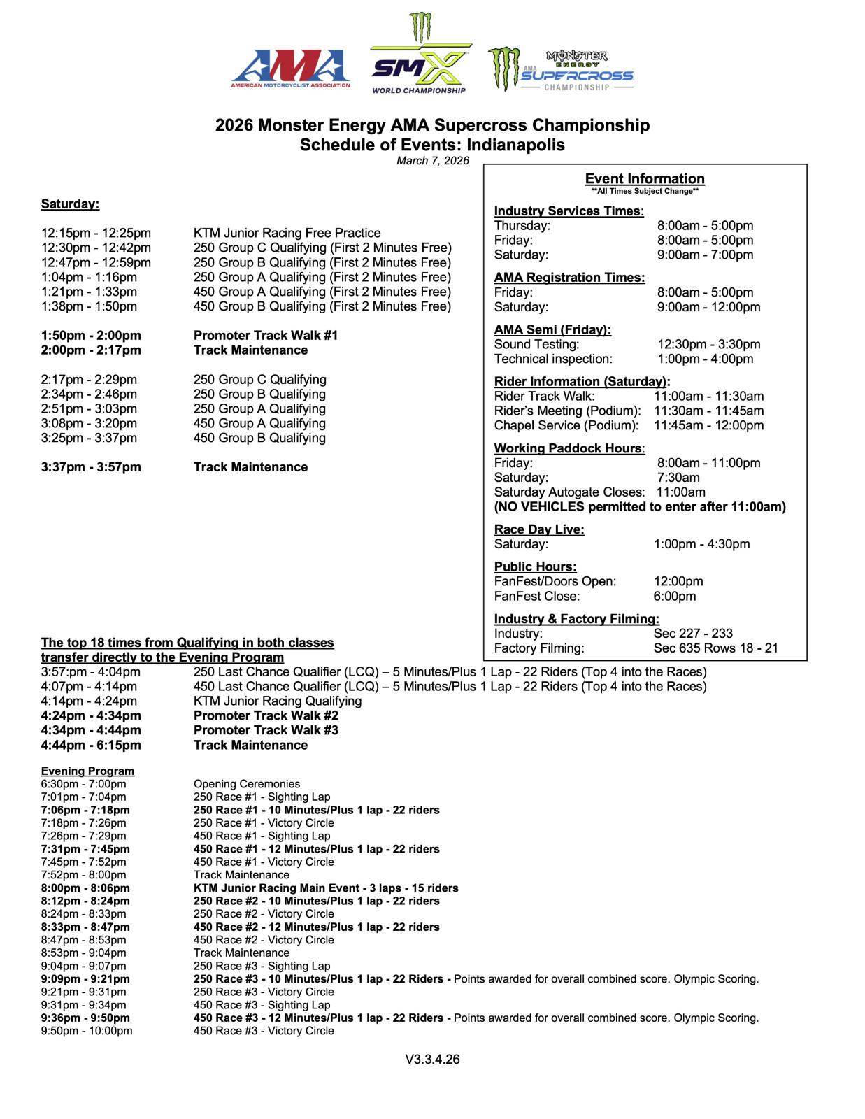2026 Indianapolis SX schedule.