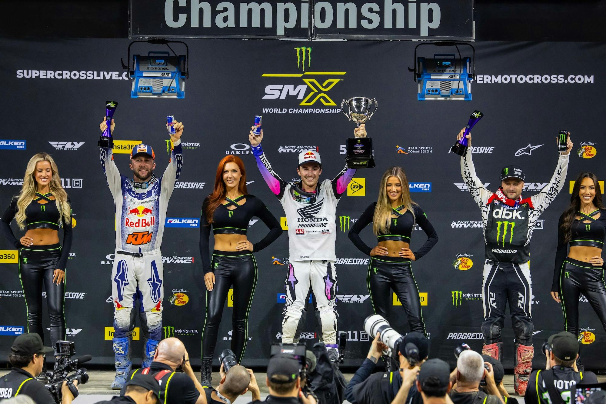 450SX Class Podium (left to right) Eli Tomac, Hunter Lawrence, and Cooper Webb