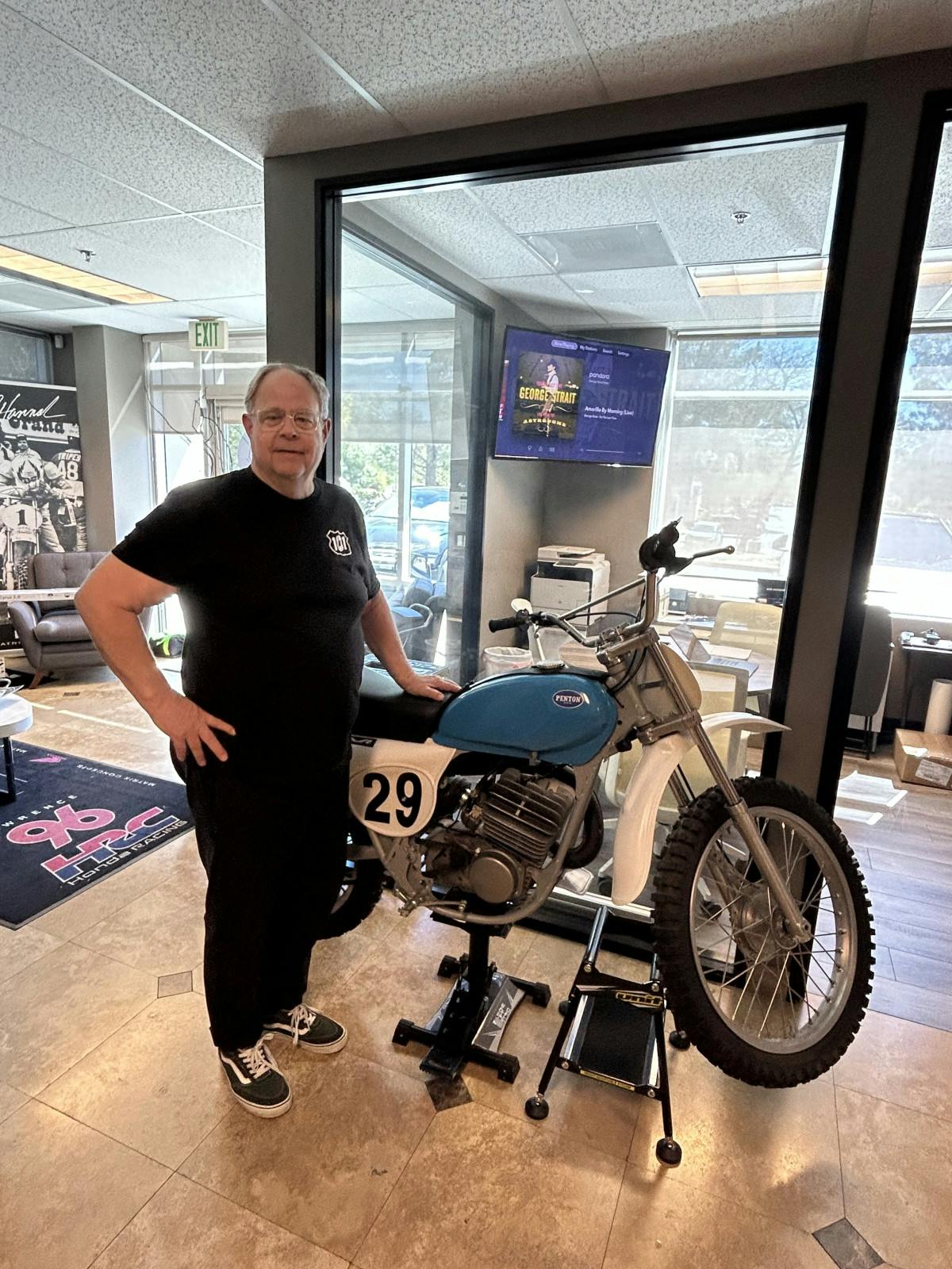 Eddie Cole. Founder of Answer Products and Pro-Taper poses with his classic Penton he raced as a professional in Southern California. He now runs Matrix Products and 101 Bicycles.