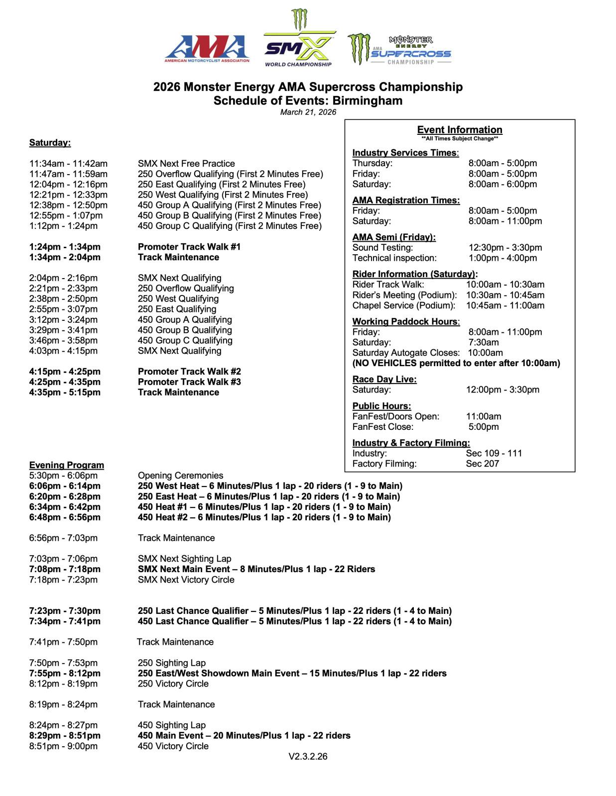 2026 Birmingham Supercross race day schedule.