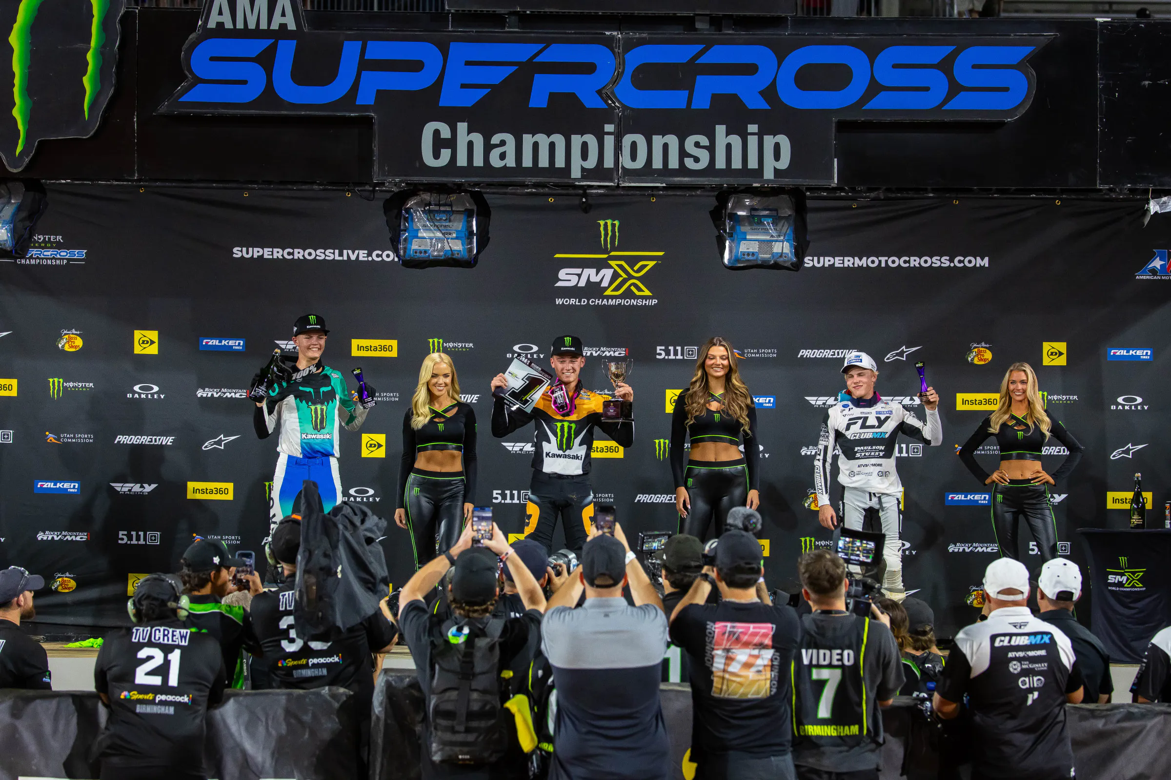 SMX Next podium: winner Vincent Wey, second place Kade Johnson, and third place Ryder Malinoski