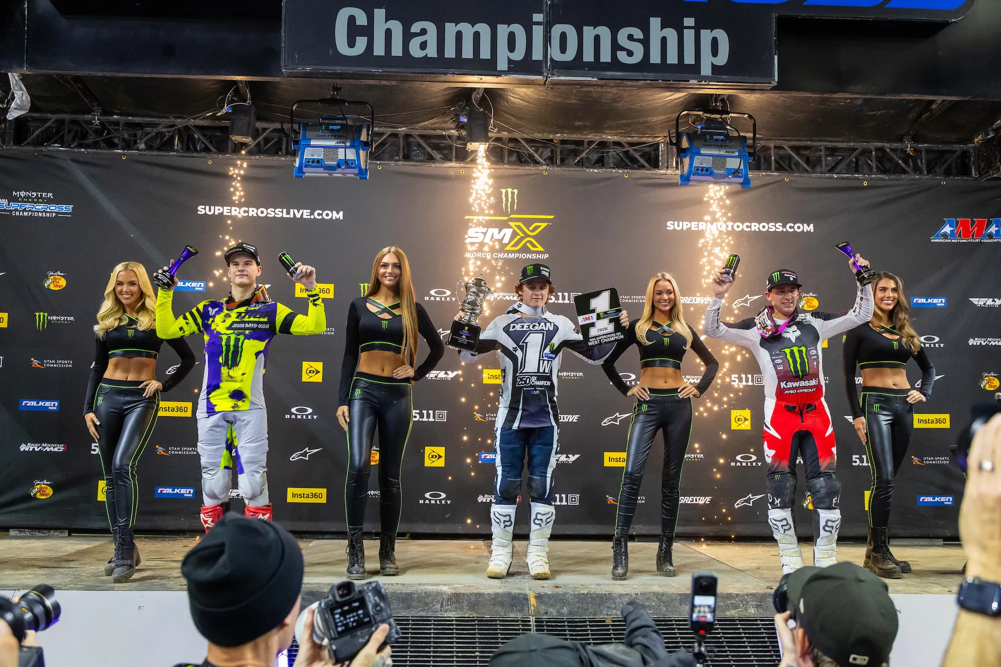 250SMX Class East/West Showdown Podium (left to right): Cole Davies, Haiden Deegan, and Seth Hammaker