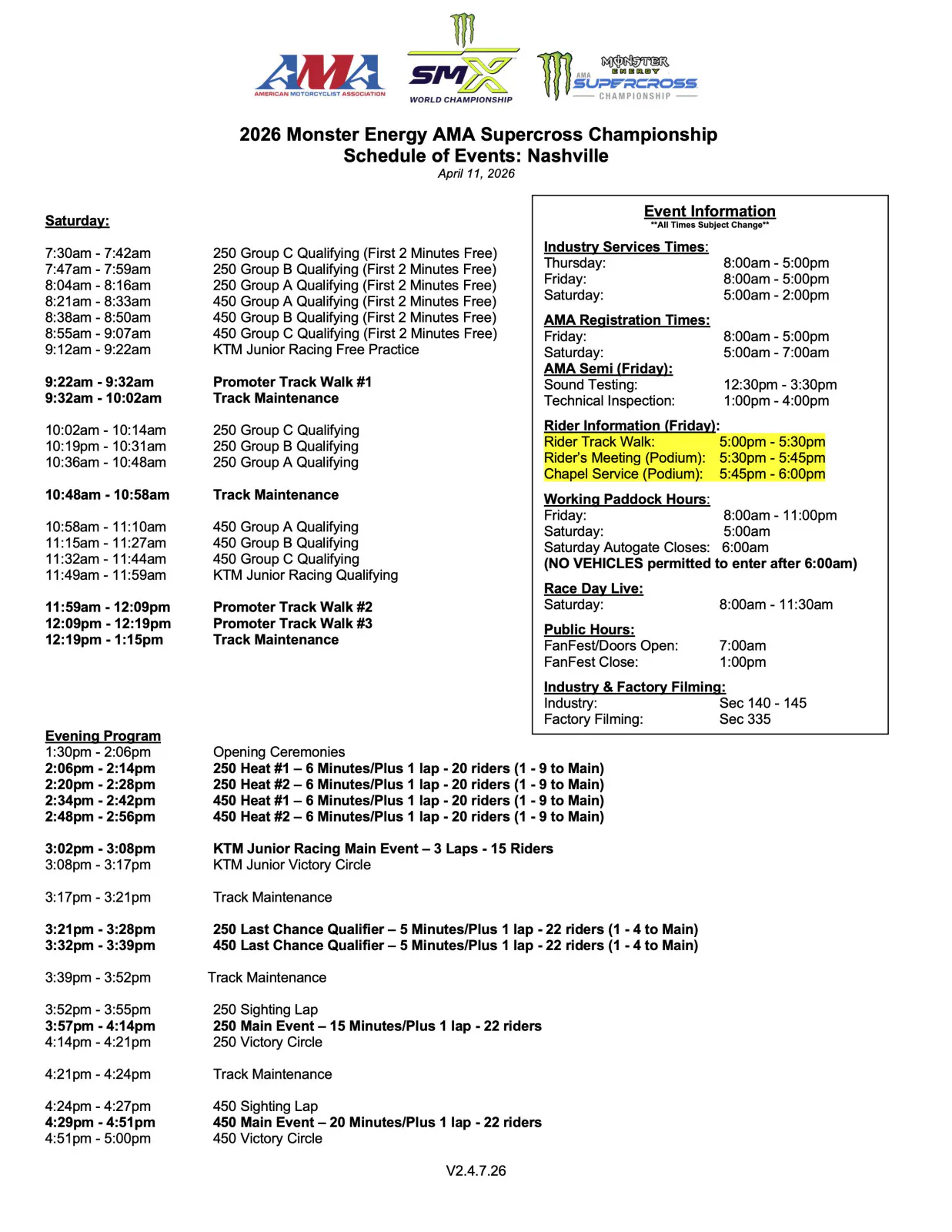 Nashville SX schedule