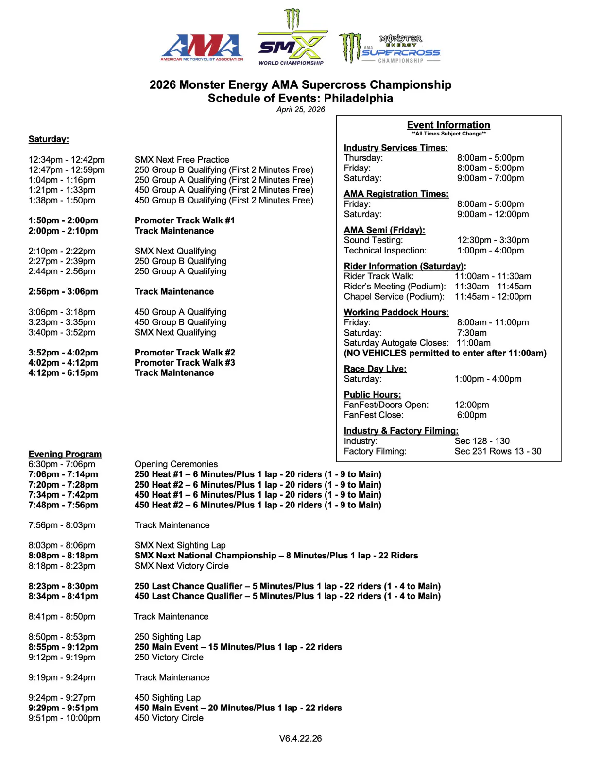 Philadelphia SX schedule