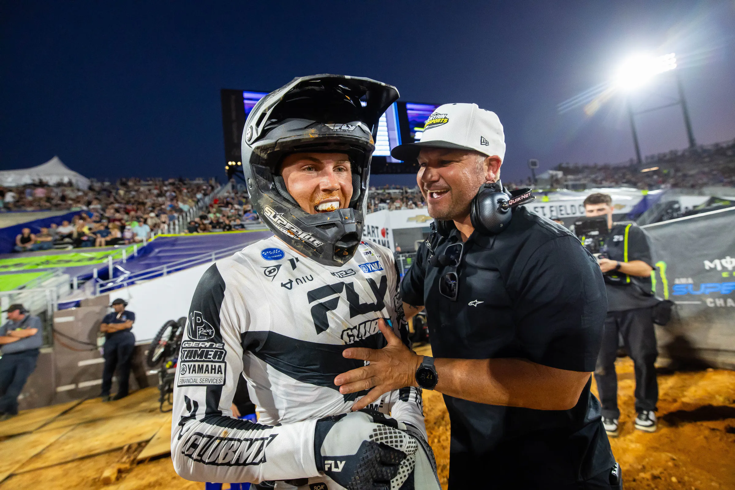 Molinoski with Chad Reed after a podium in Birmingham. He had a huge crash at Anaheim 2 that was supposed to end his supercross season.