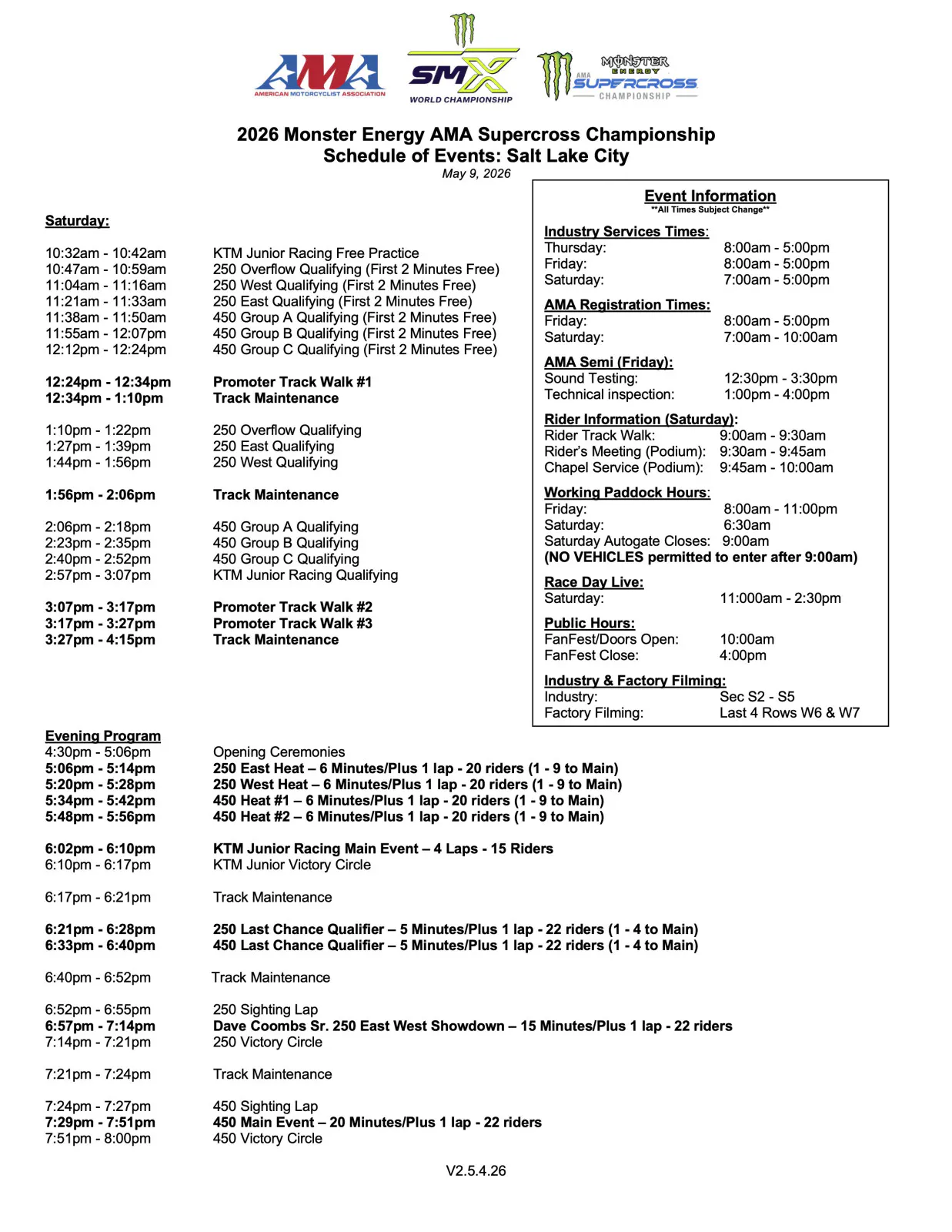 Salt Lake City SX schedule