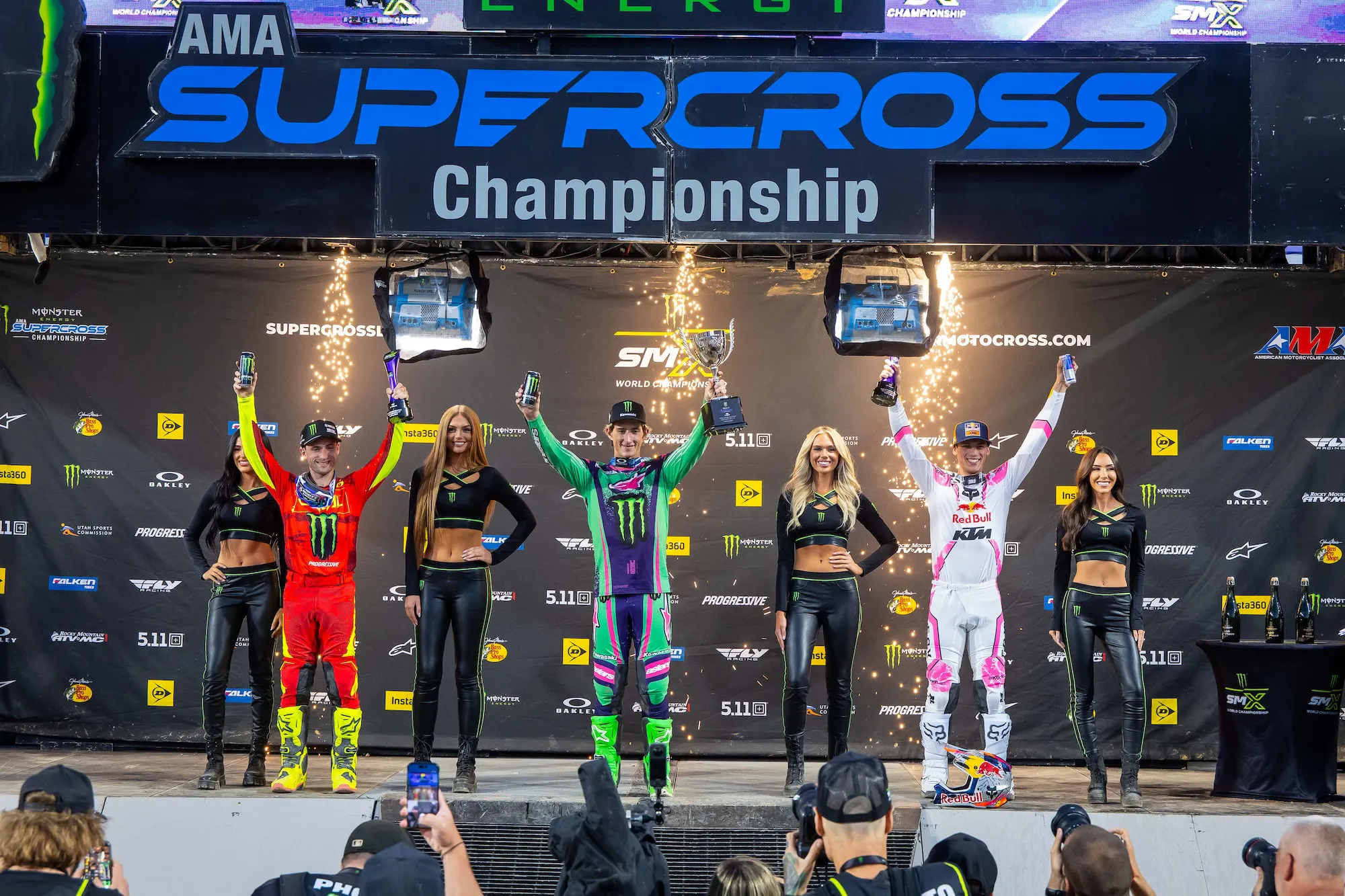 450SMX Class Podium (left to right) Justin Cooper, Chase Sexton, and Jorge Prado