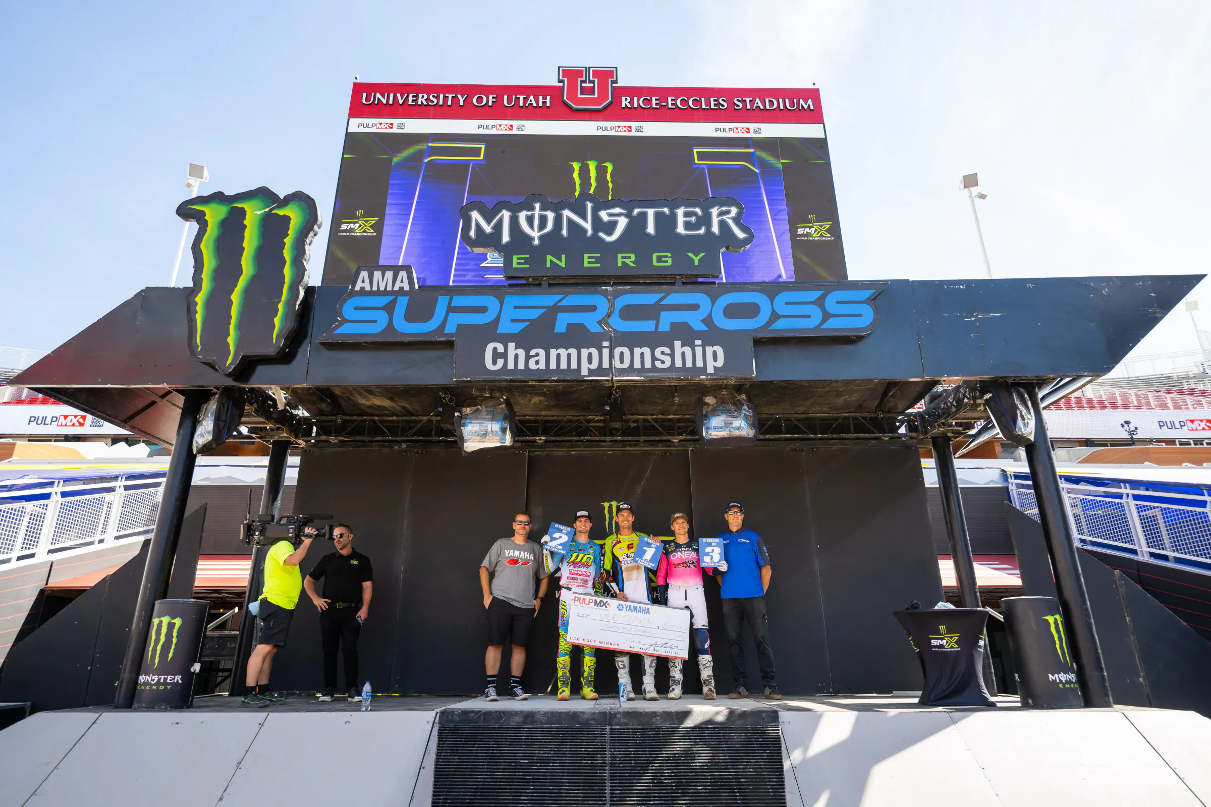 The 2026 PulpMX Yamaha LCQ Challenge overall podium.