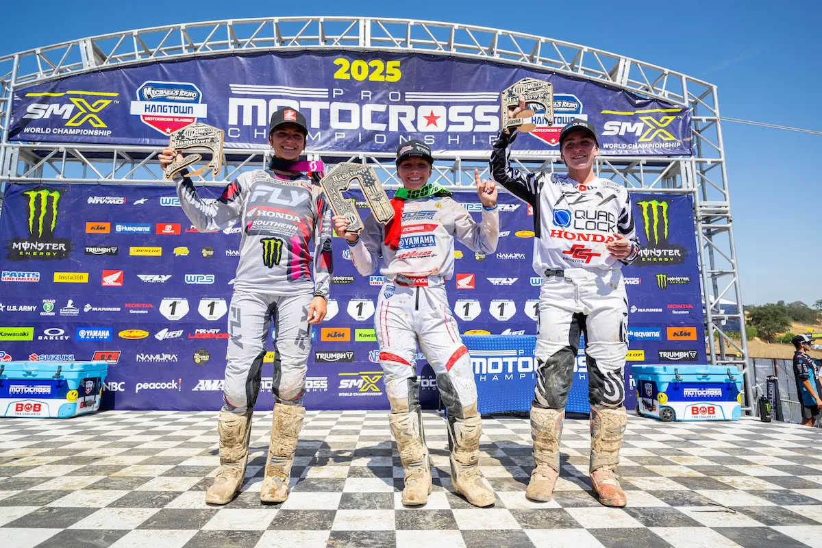 Turner (center), Nielsen (left), and Cannon (right) comprised the overall podium at last season's Hangtown Motocross Classic.
