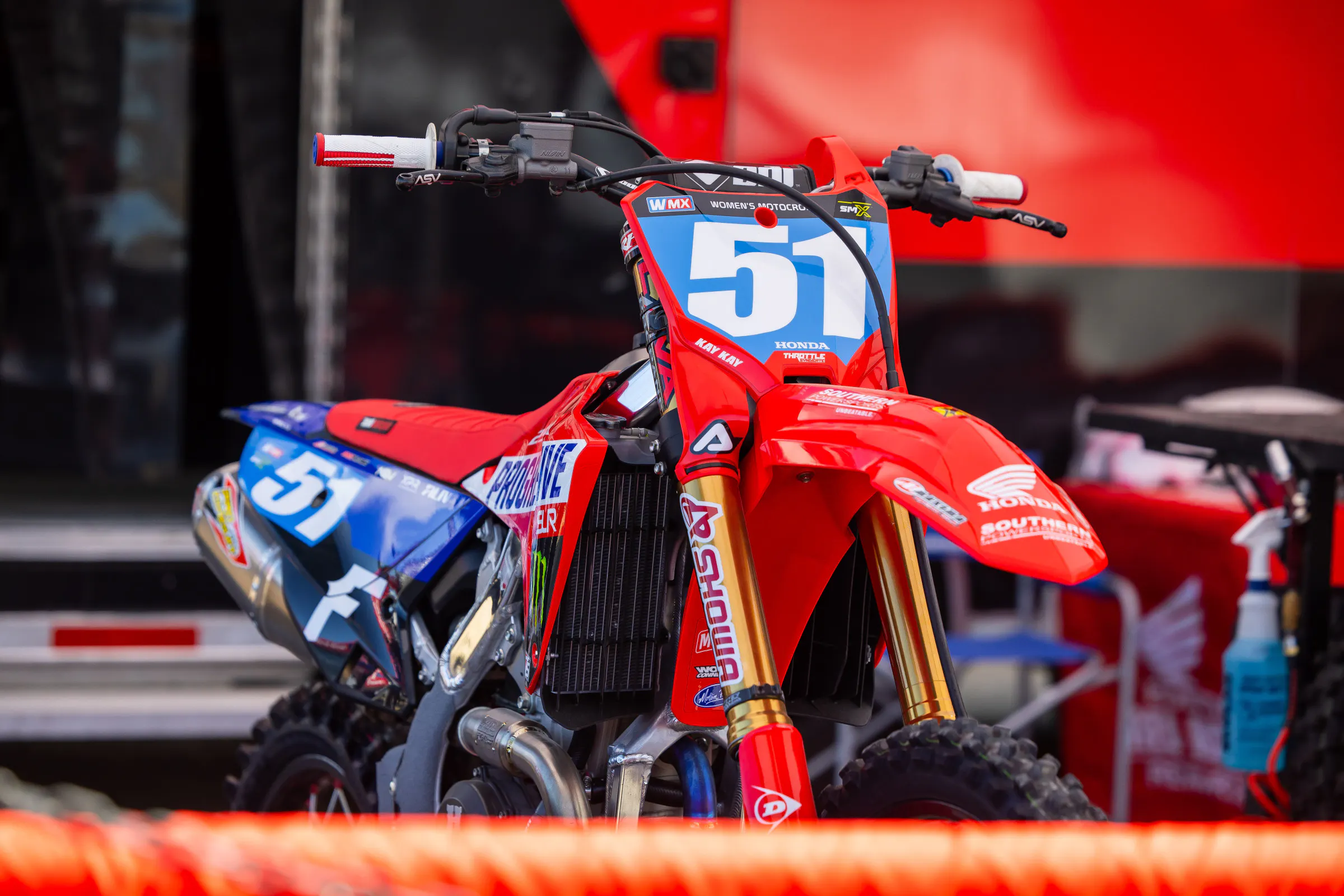 The WMX blue number plates on Mikayla Nielsen's Honda CRF250R.