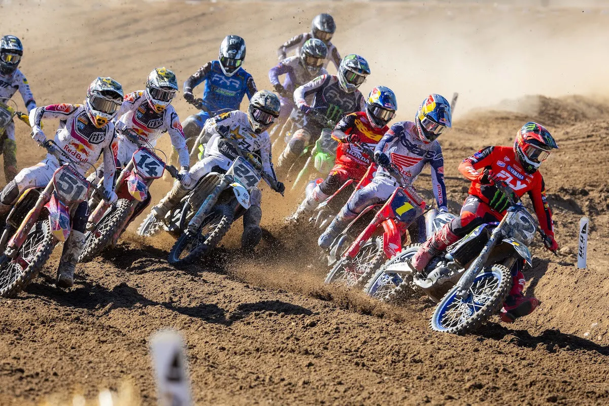 Cooper Webb [#2] was the beneficiary of the Moto 2 restart as he grabbed the holeshot and early lead over Jett Lawrence and the rest of the field.