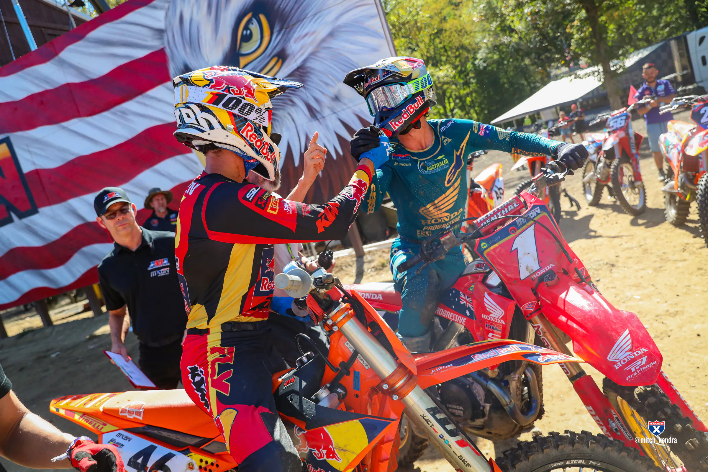 Lucas Coenen and Jett Lawrence show respect after the moto at the 2025 MXoN in Indiana.