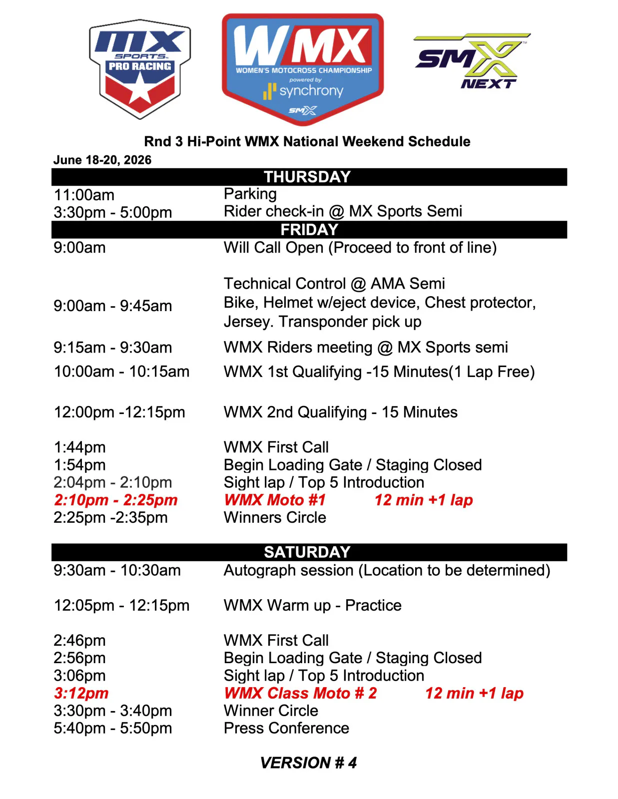 WMX High Point weekend schedule