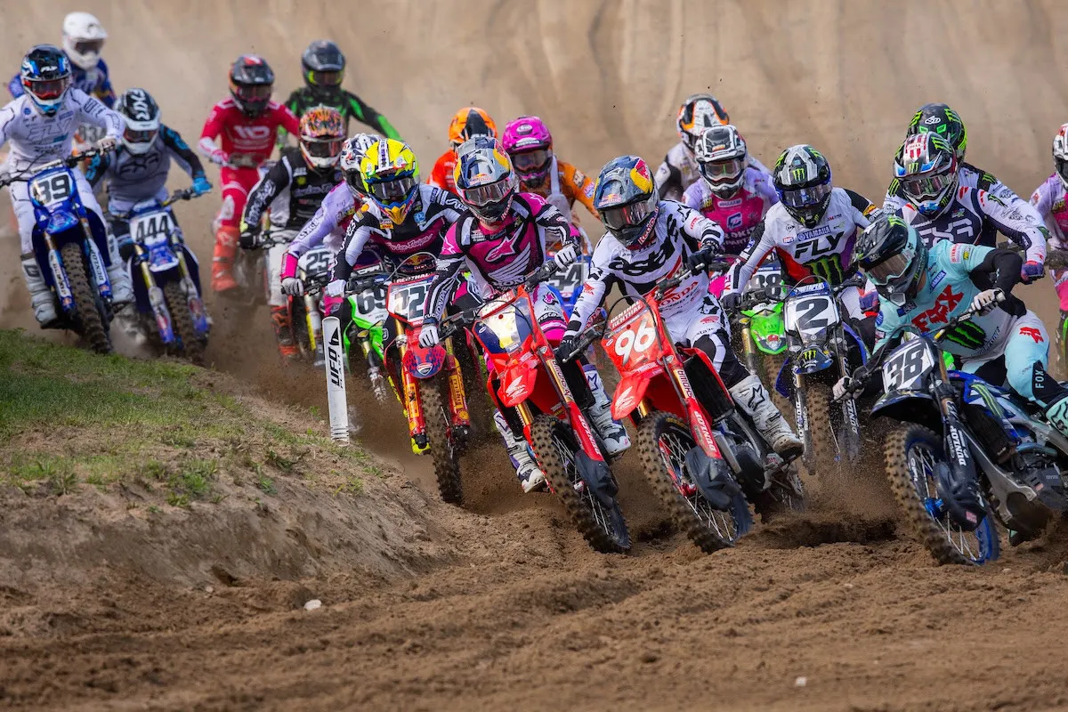 Deegan (38) was able to split the Lawrences off the start of moto two and run second for a bit. Jett turned up the heat and went by then pressured Hunter, but Hunter pulled back away late...only to crash and hand the lead to his brother.
