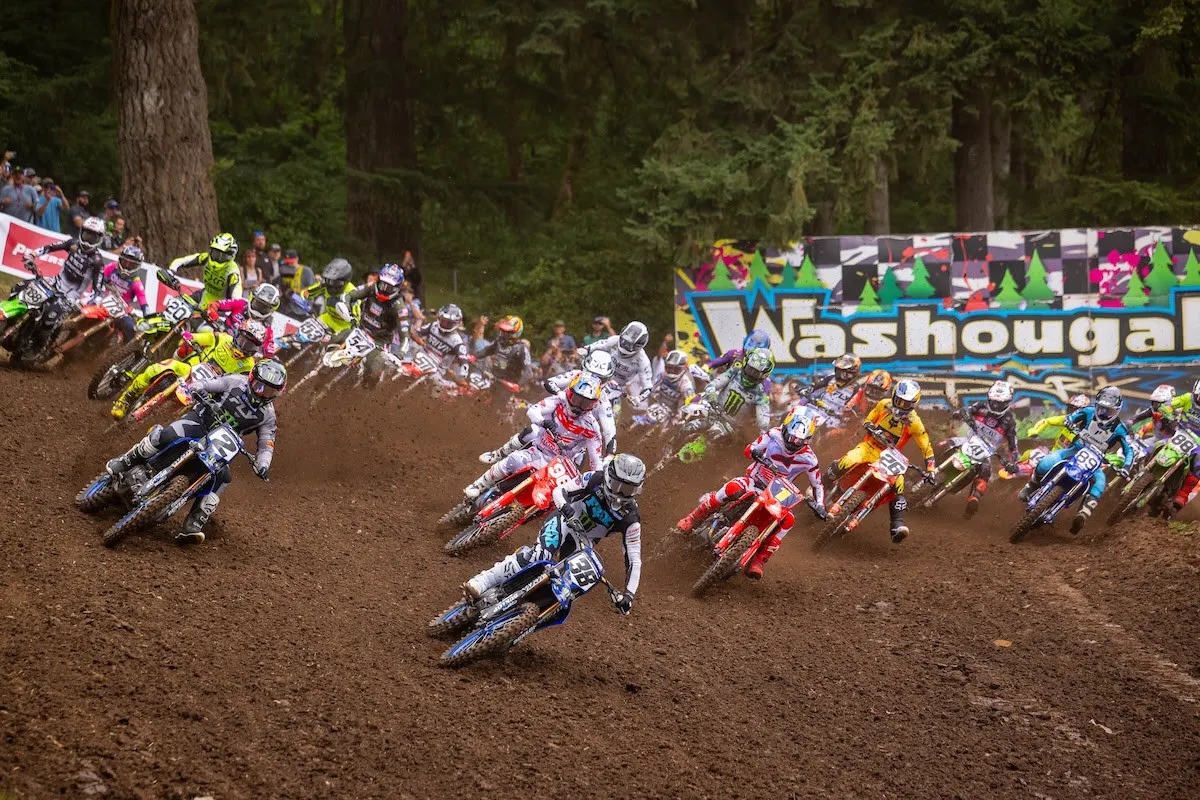 Haiden Deegan [#38] led the field to the holeshot in Moto 1, but went down shortly thereafter as Jett Lawrence [#1] seized control of the moto.
