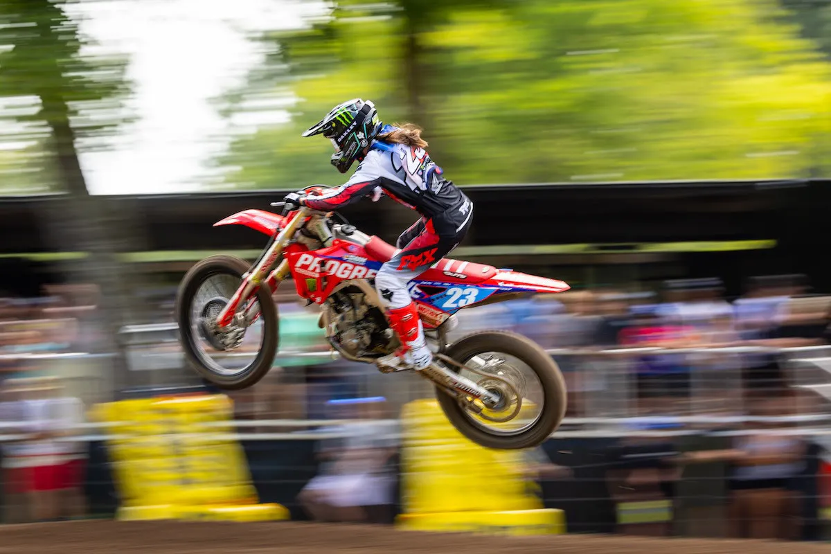 Honda rider Mayla Herrick withstood a pair of crashes to eek out the Women's Moto 1 win.